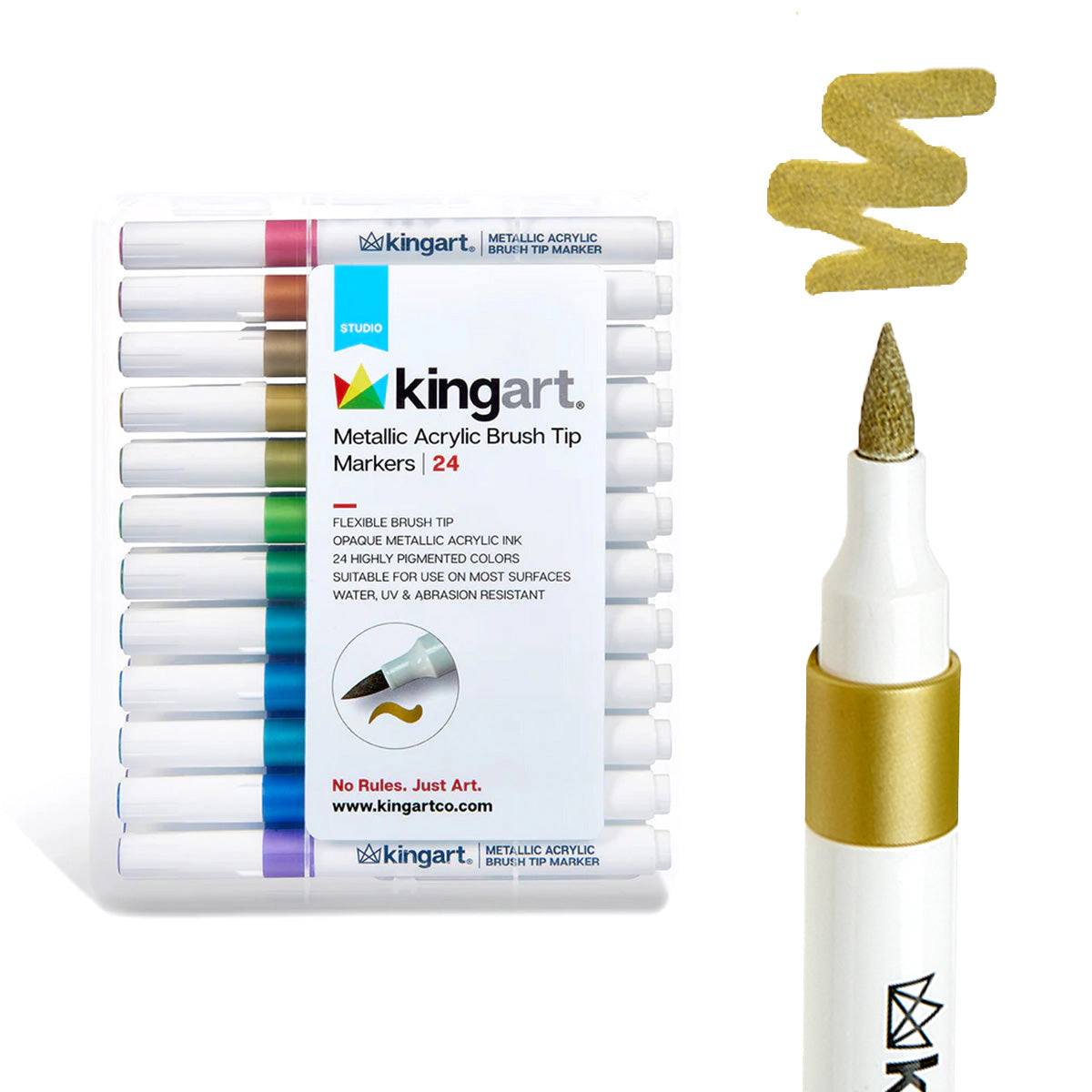 KINGART Metallic Acrylic Brush Tip Markers - Set of 24