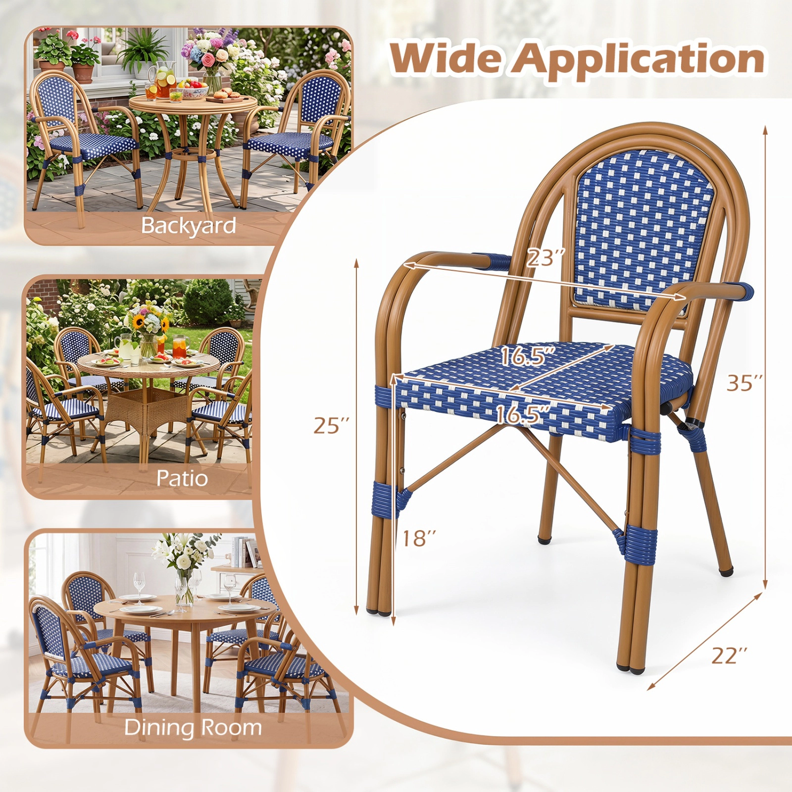 SUGIFT Set of 2 PE Wicker French Bistro Patio Chairs, Blue and White