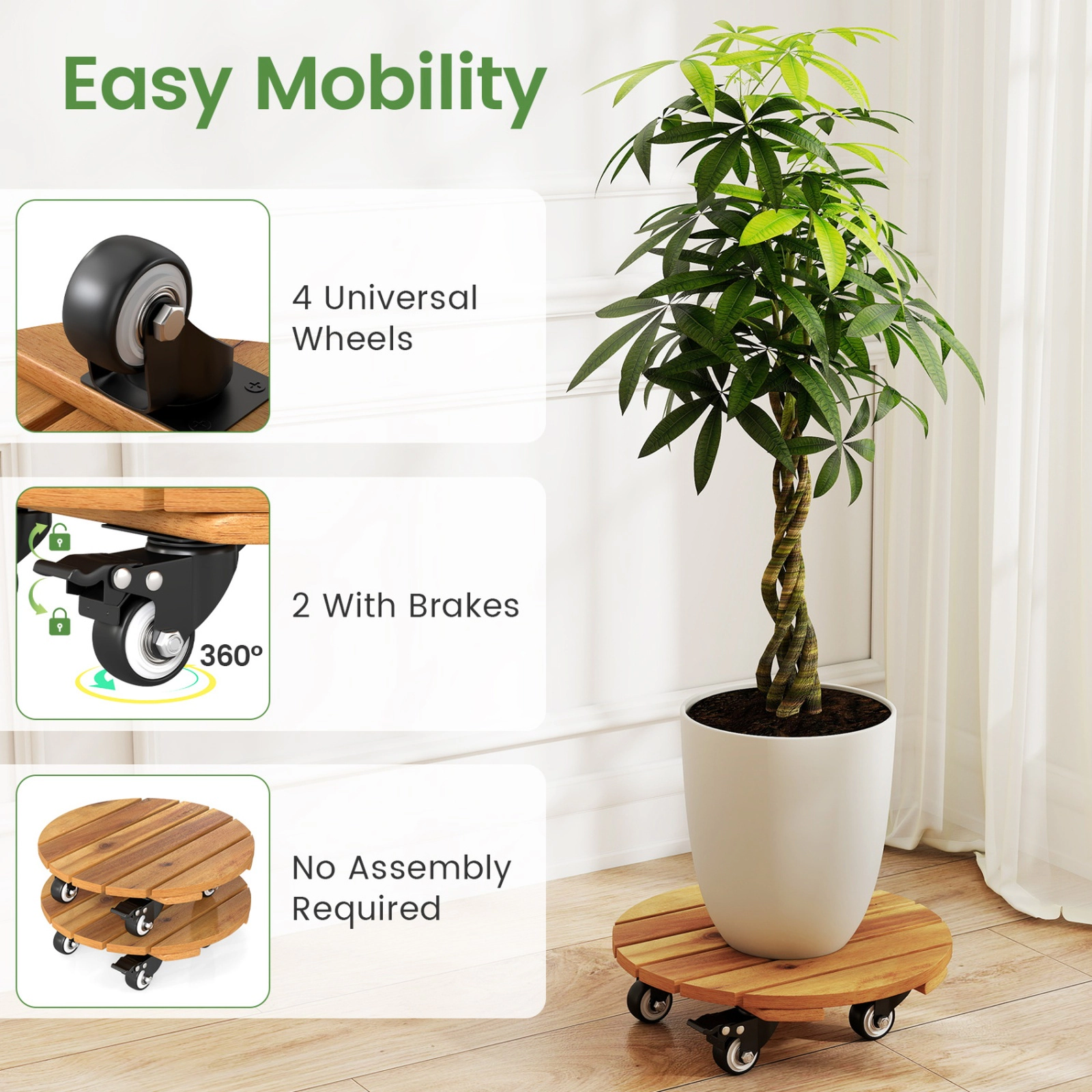SUGIFT Set of 4 Natural 12-in 175-lb Acacia Wood Rolling Plant Caddy Dolly with Lockable Casters