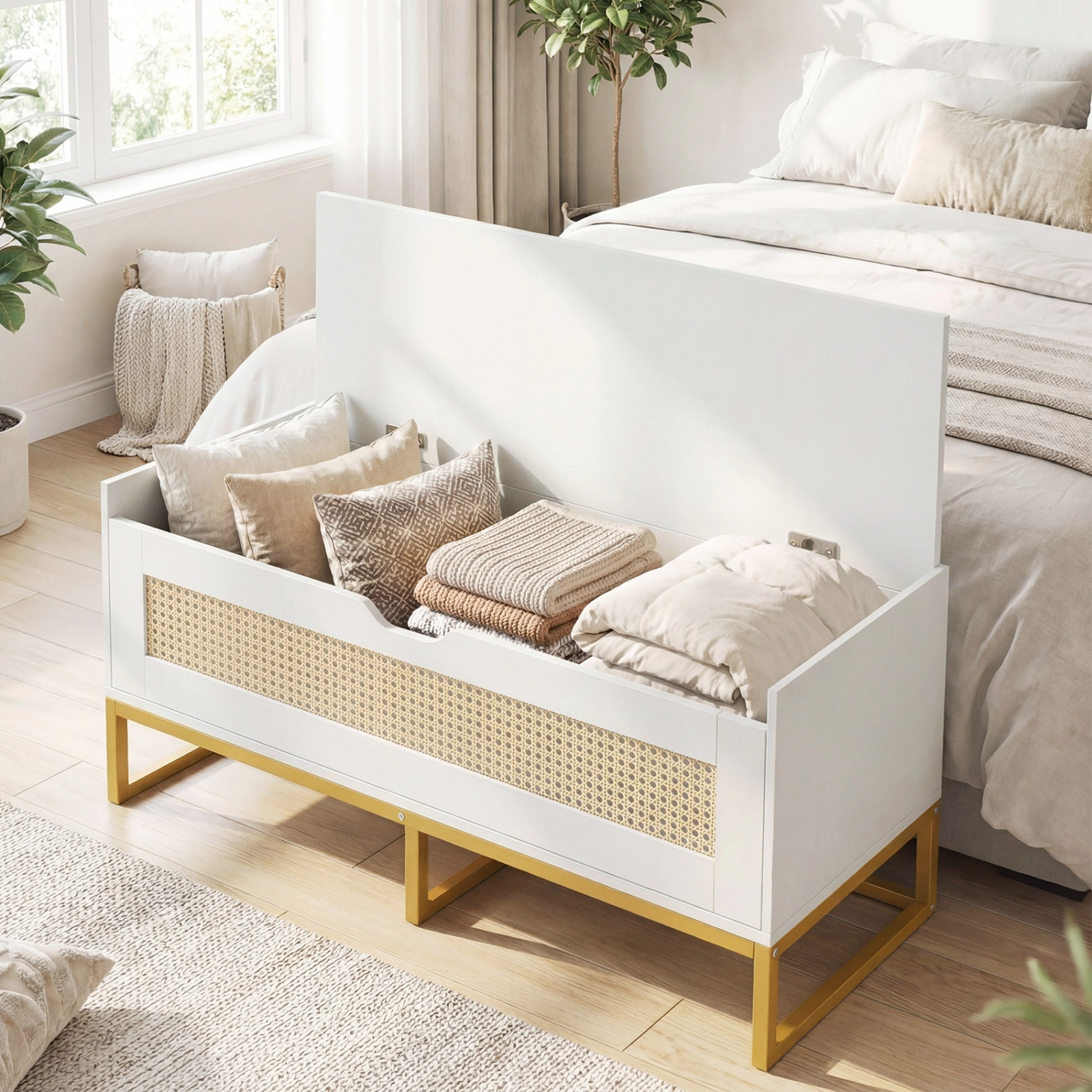SUGIFT 39.5 Inch Rattan Storage Bench White Wicker Shoe Bench with Padded Flip-Top