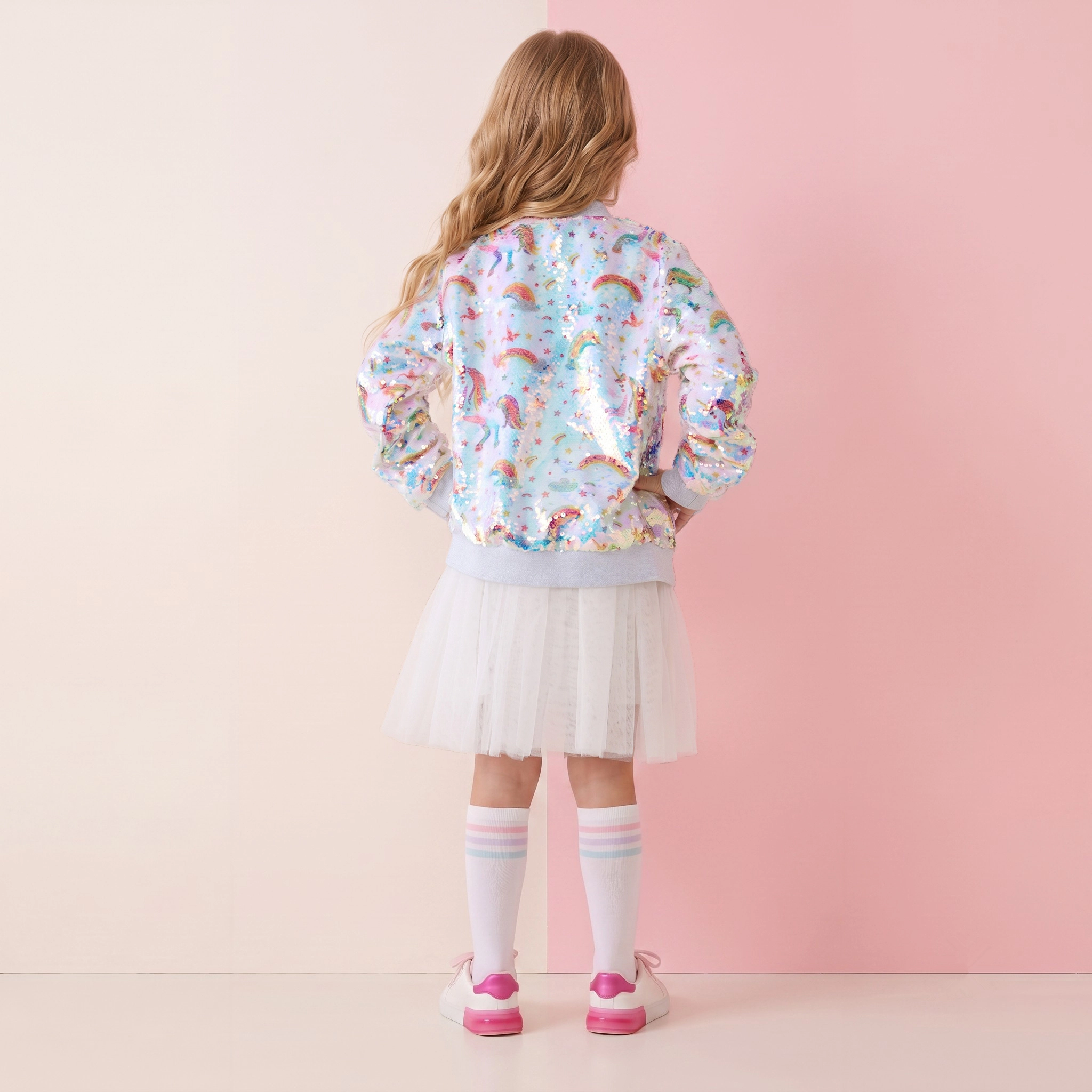 2Bunnies Girls' Rainbow Unicorn Iridescent Sequin Bomber Jacket