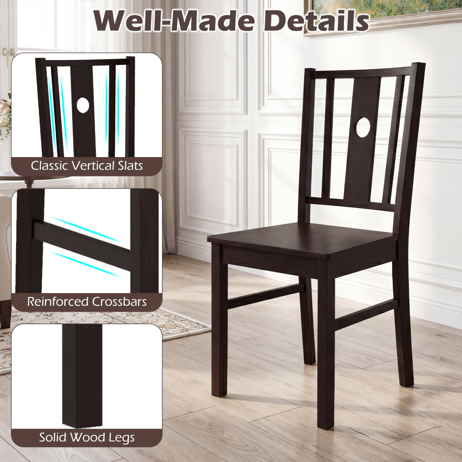 SlickBlue Farmhouse Dining Chairs Set of 2, Curved Slat Back Design