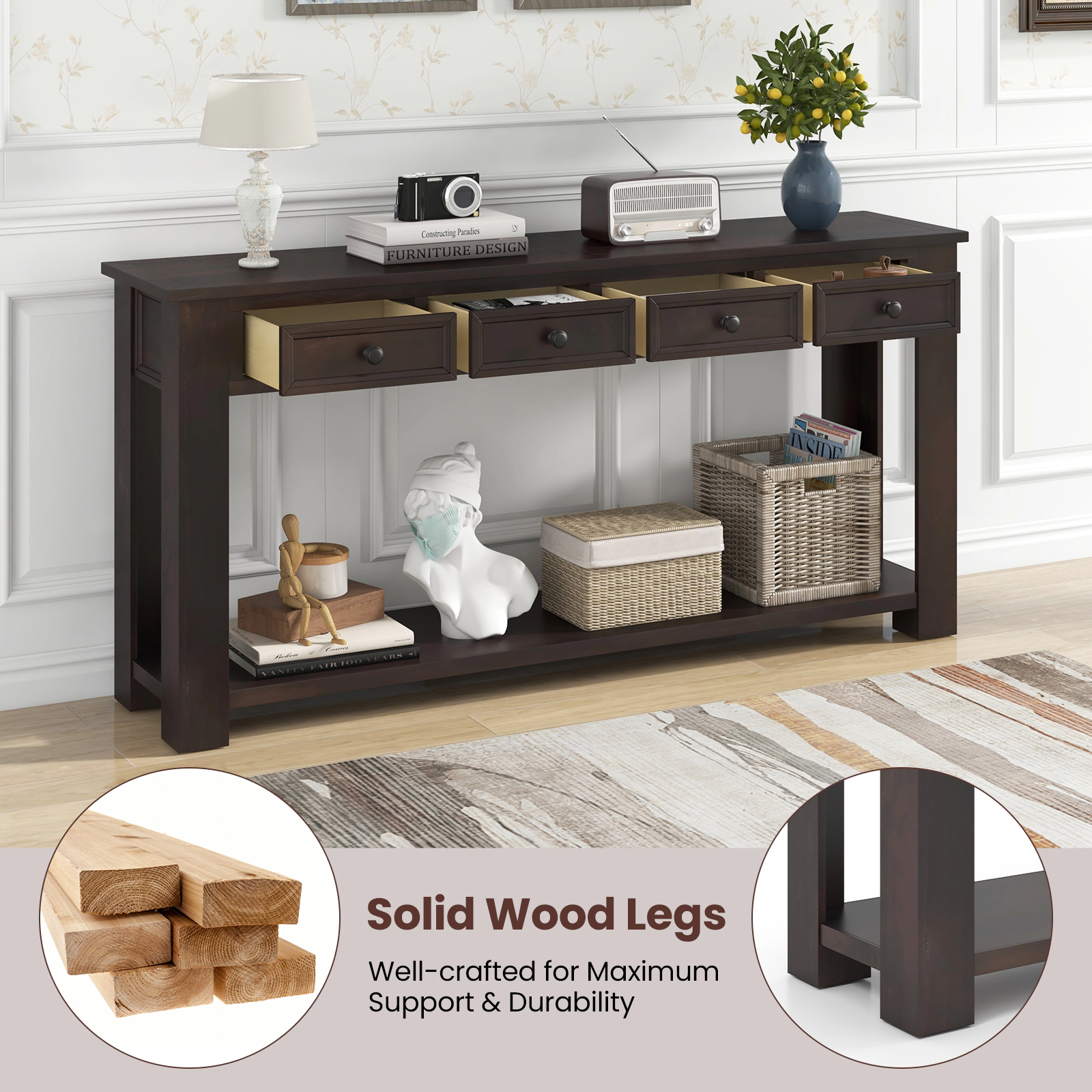 SUGIFT 63-in 220-lb Capacity Espresso Farmhouse Console Table with 4 Pre-Assembled Drawers and Open Shelf