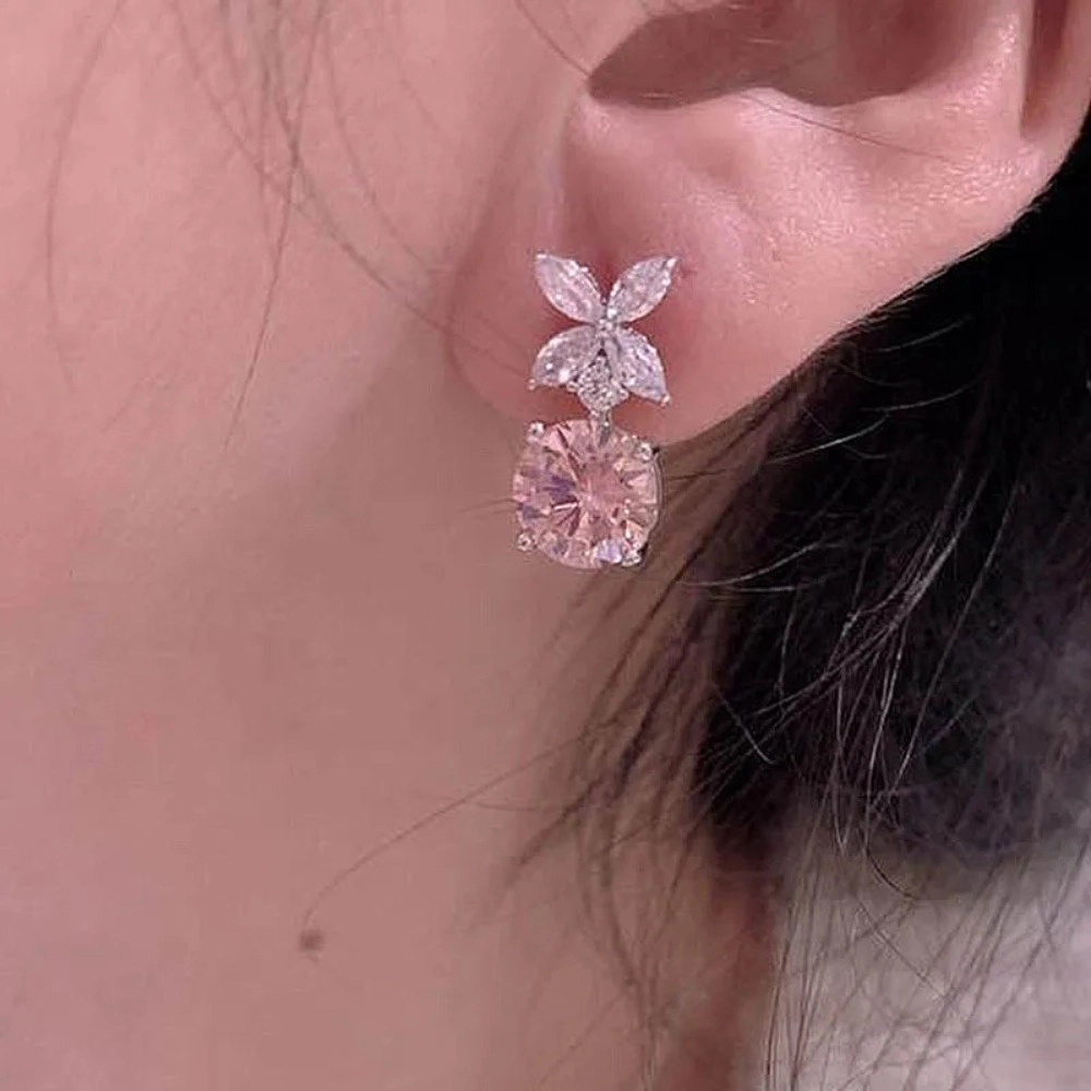 Sweet Pink Zirconia Flower Drop Earrings for Women