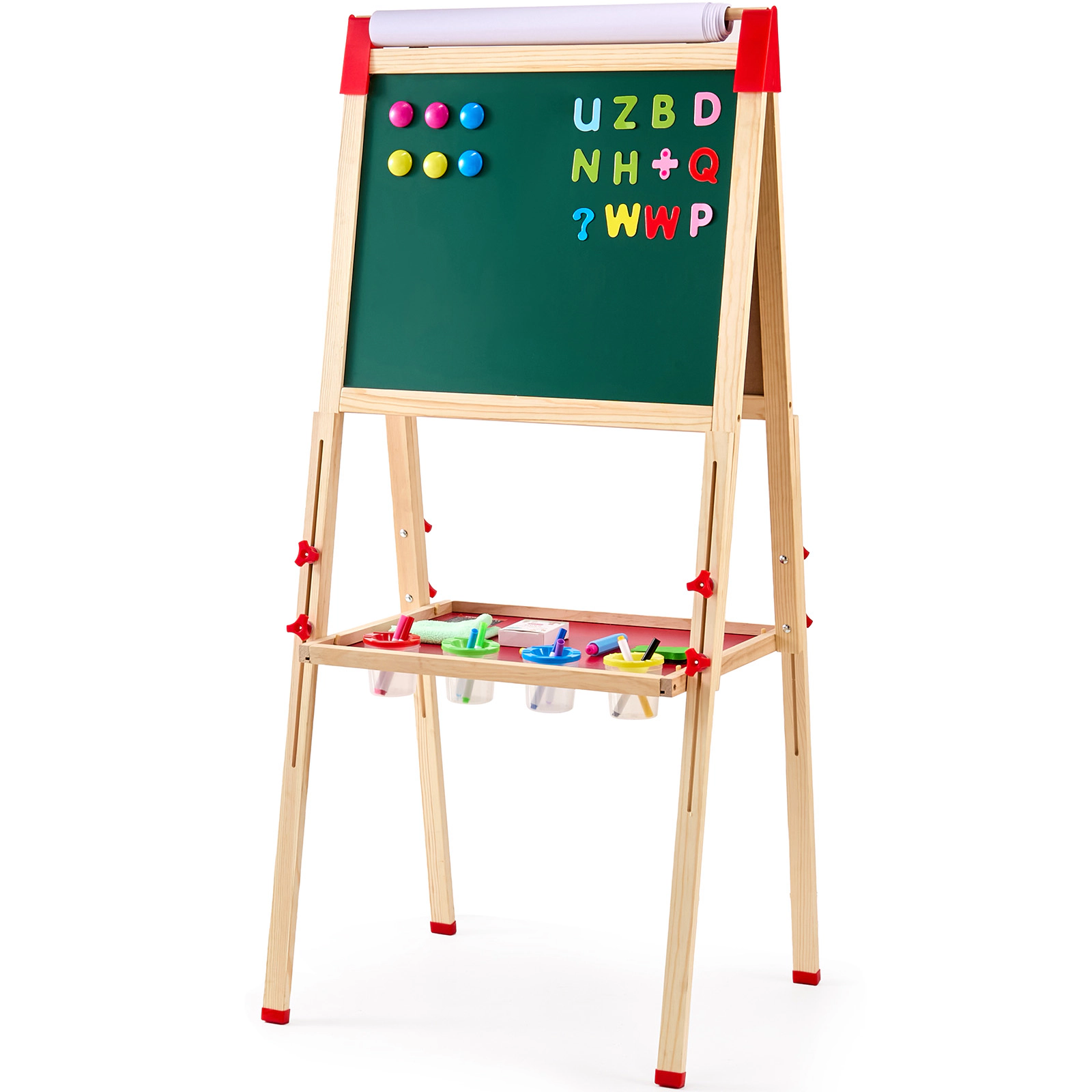 HONGGE Art Easel for Kids, 3-in-1 Wooden Double-Sided Kid's Art Easel with Magnetic Whiteboard, Chalkboard, Paper Roll