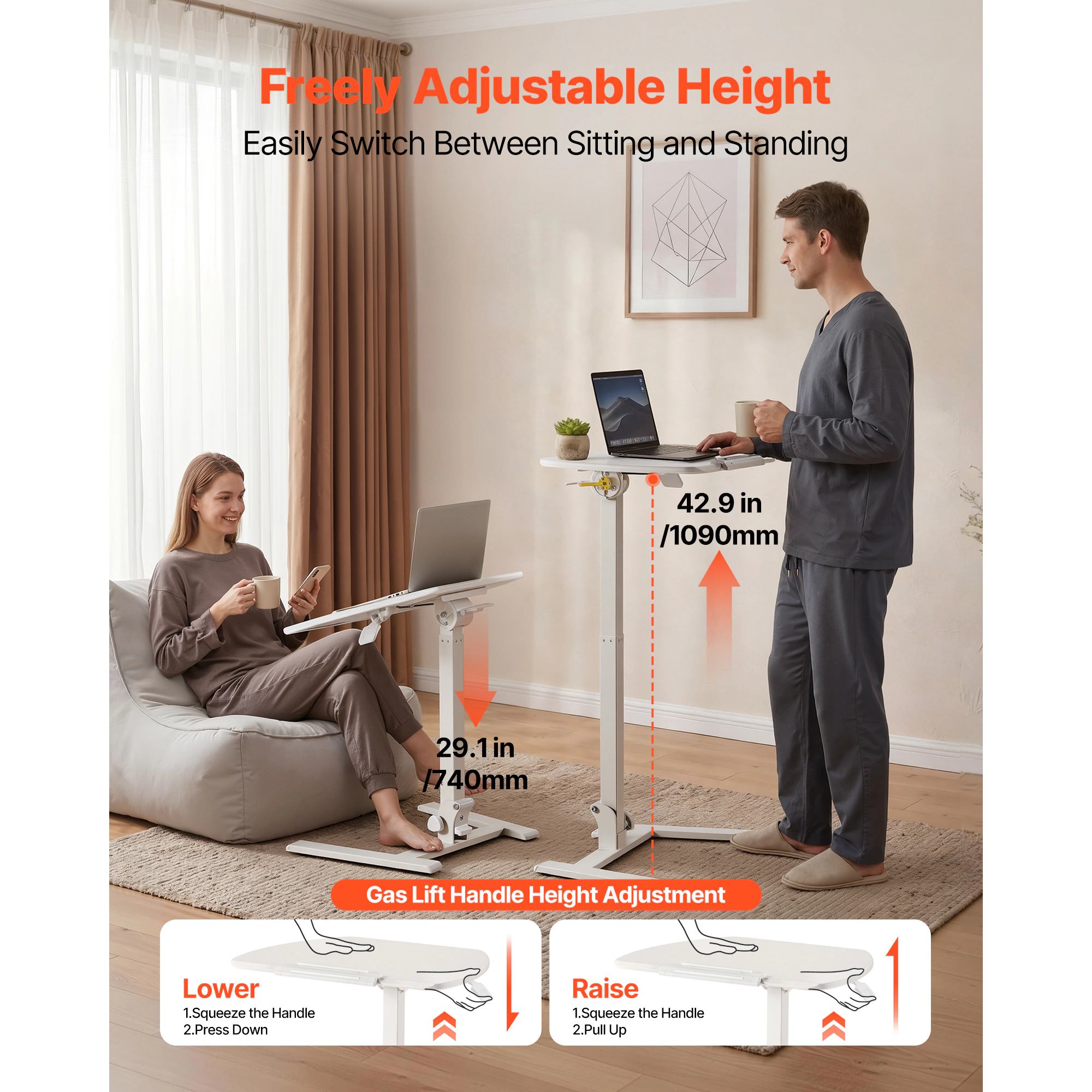 HONGGE Standing Desk, Adjustable Height Mobile Stand Up Desk with Casters, Small Computer Sit