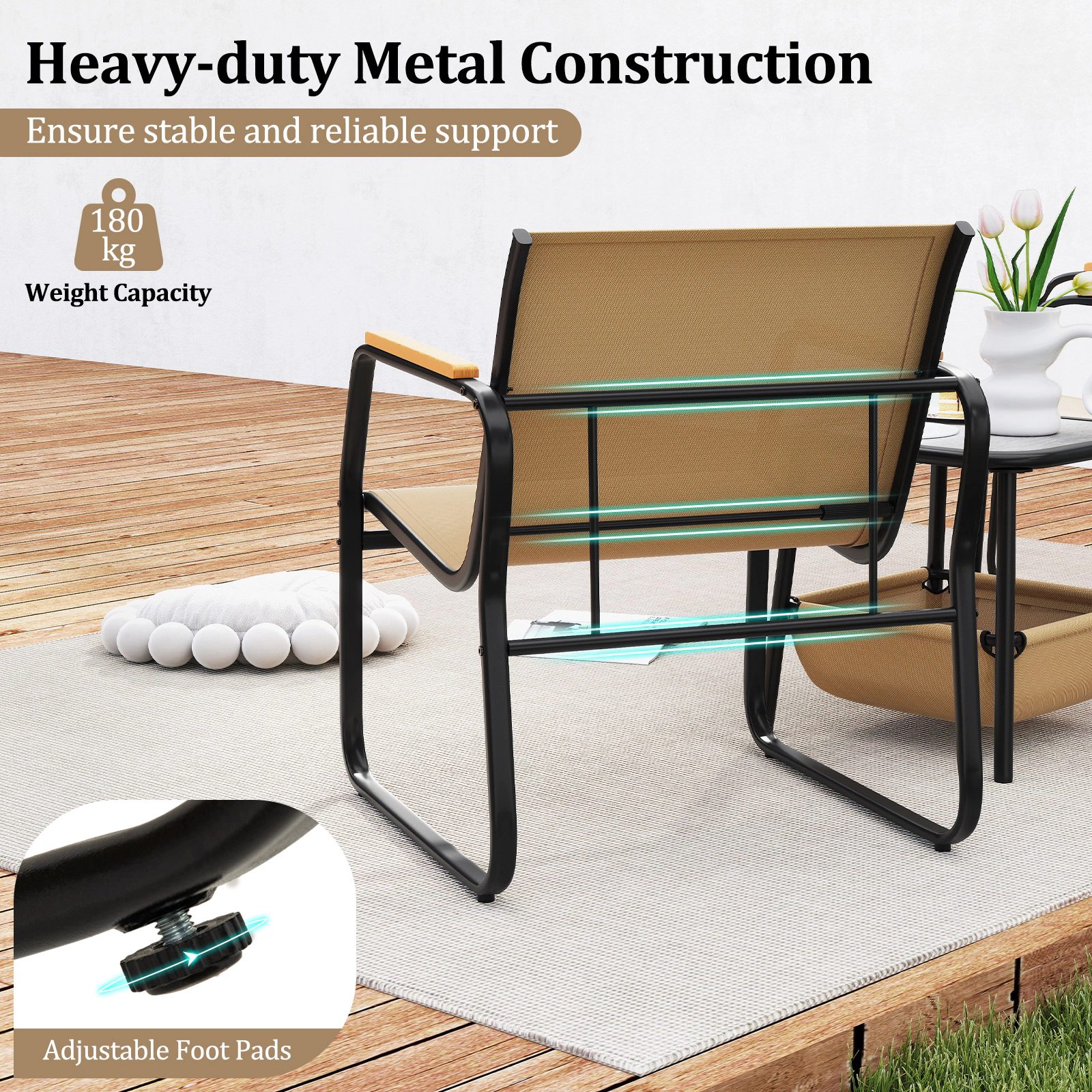 SUGIFT 3-Piece Brown Metal Patio Bistro Set with Mesh Chairs and 2-Tier Storage Table