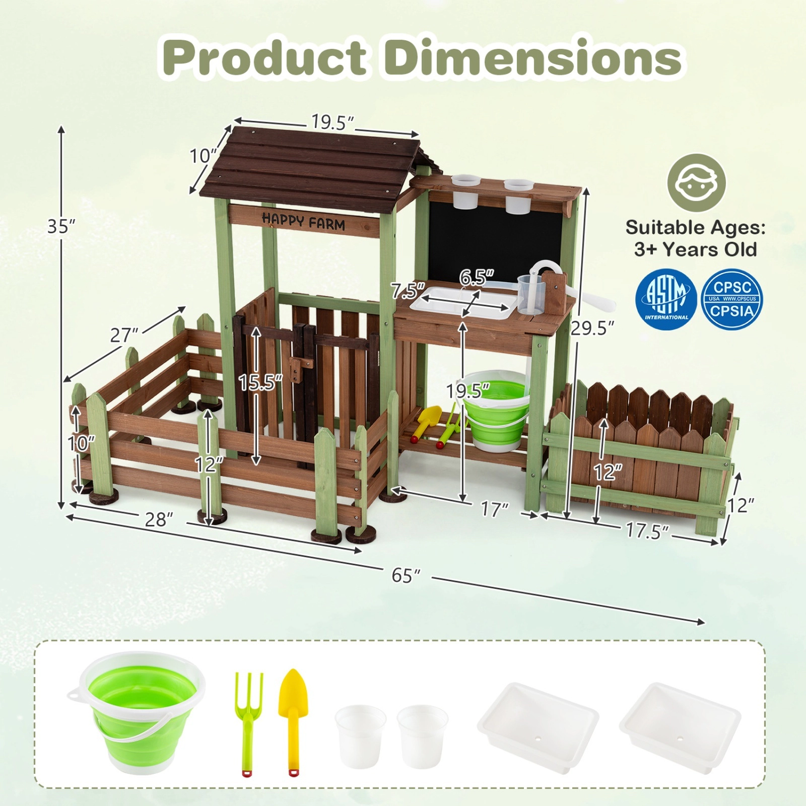 Kids Mud Farm Playset Outdoor Raised Planter Box Lockable Animal Yard Running Faucet 65-in x 27-in x 35-in Fir Wood