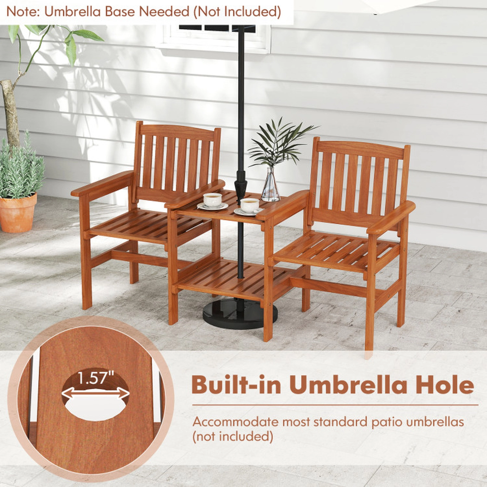 SUGIFT 2-Seater Outdoor Conversation Bench 1.57-in Umbrella Hole 265-lb Chair Capacity 90-lb Shelf Capacity Natural