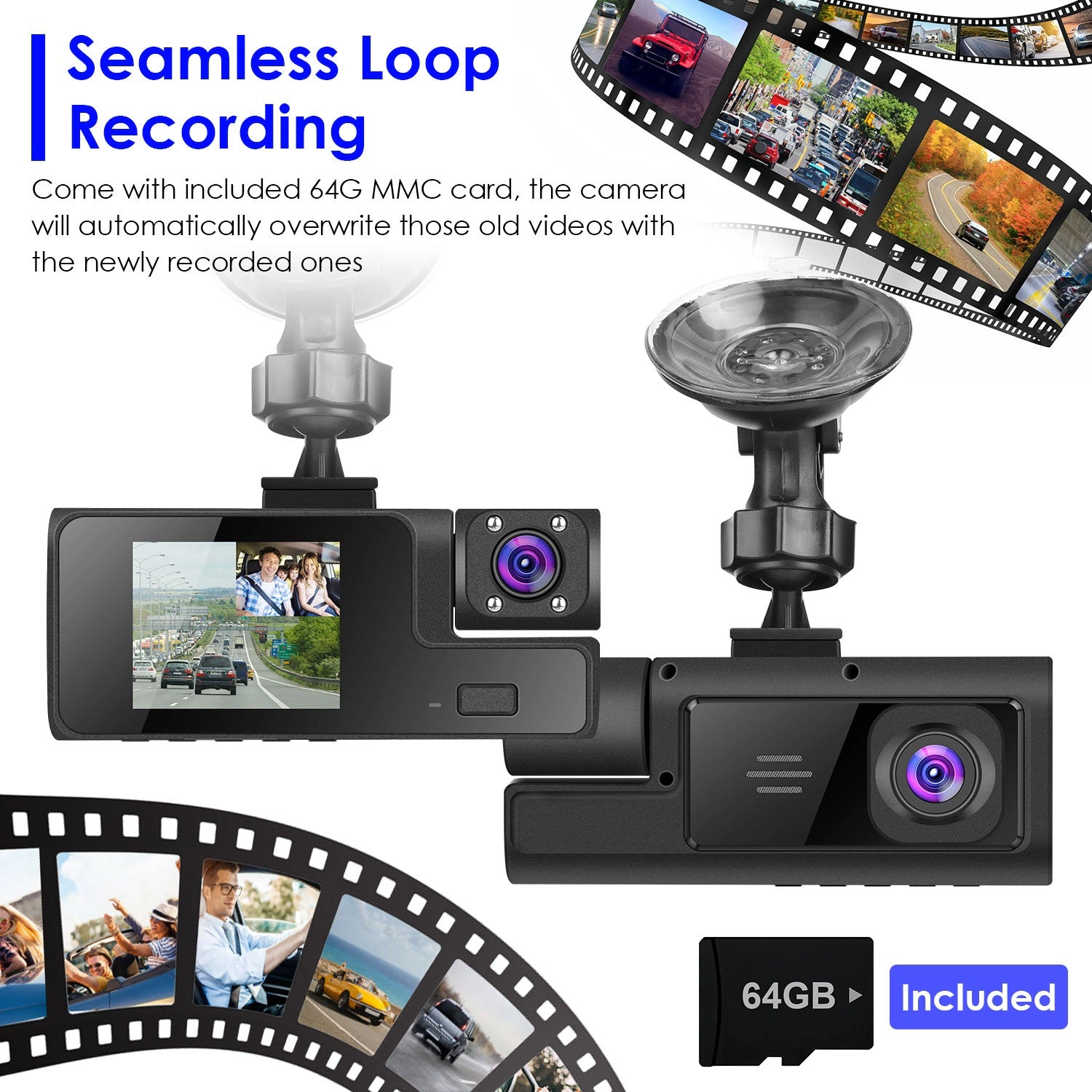 GBruno WiFi 3-Channel Car Dash Cam With 64GB Card