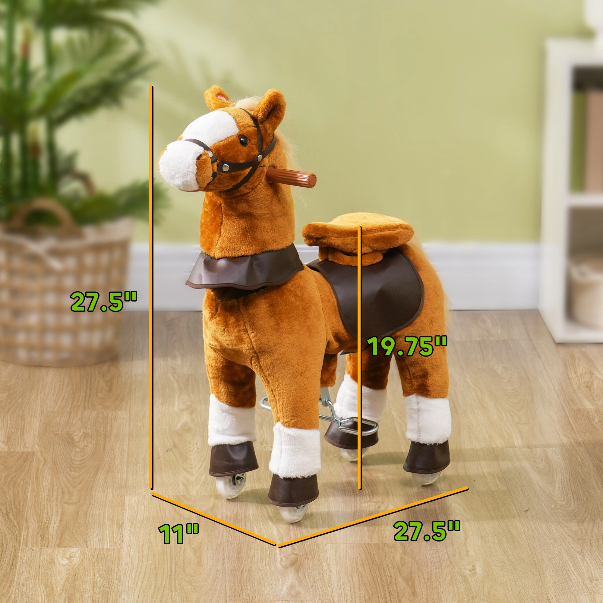 HONGGE Plush Ride-On Pony with Wheels, Neighing Sound & Handlebar, Holds up to 132 lbs, Ages 3-5, Brown