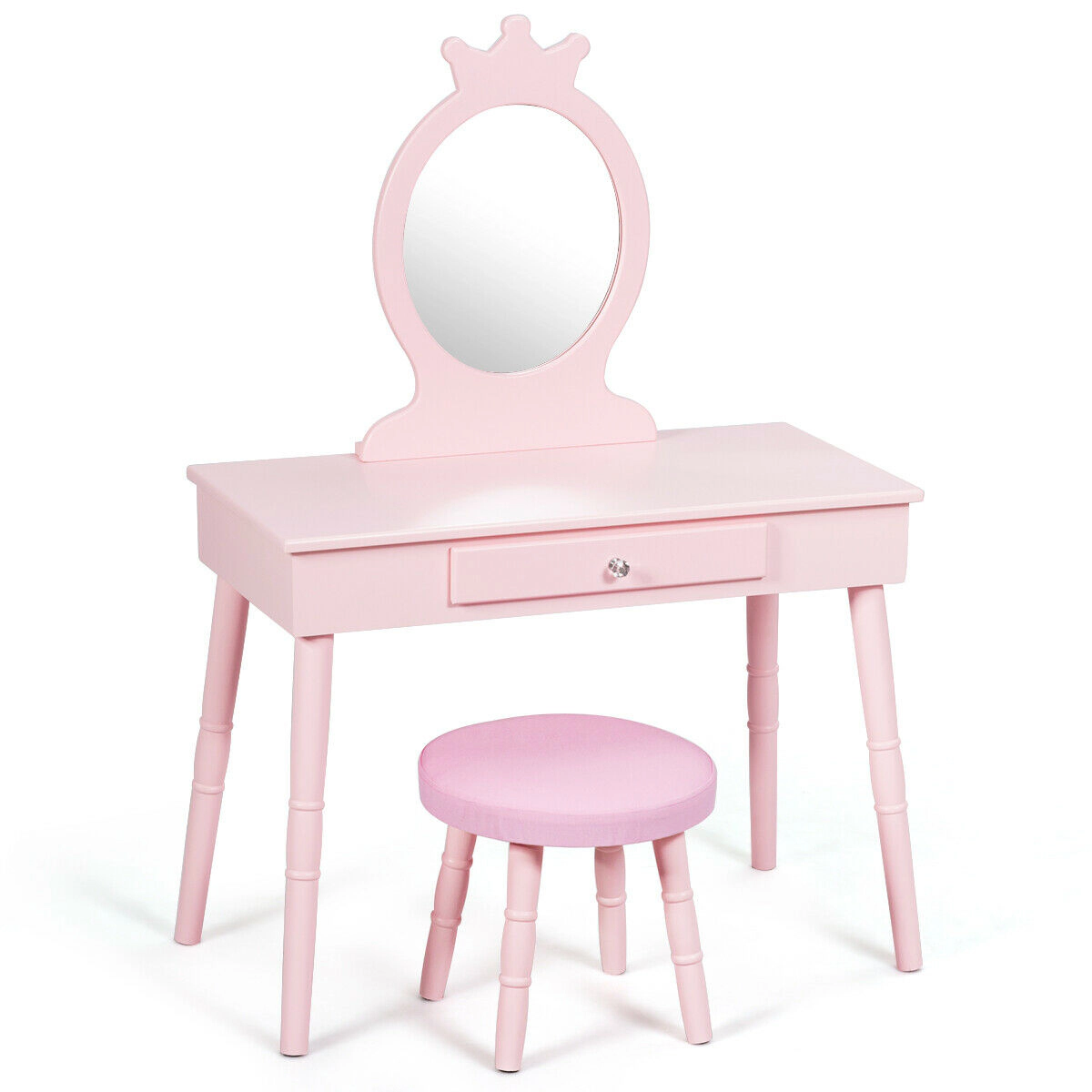 SUGIFT Pink Kids Vanity Table and Stool Set with Mirror, Cushion and Drawer
