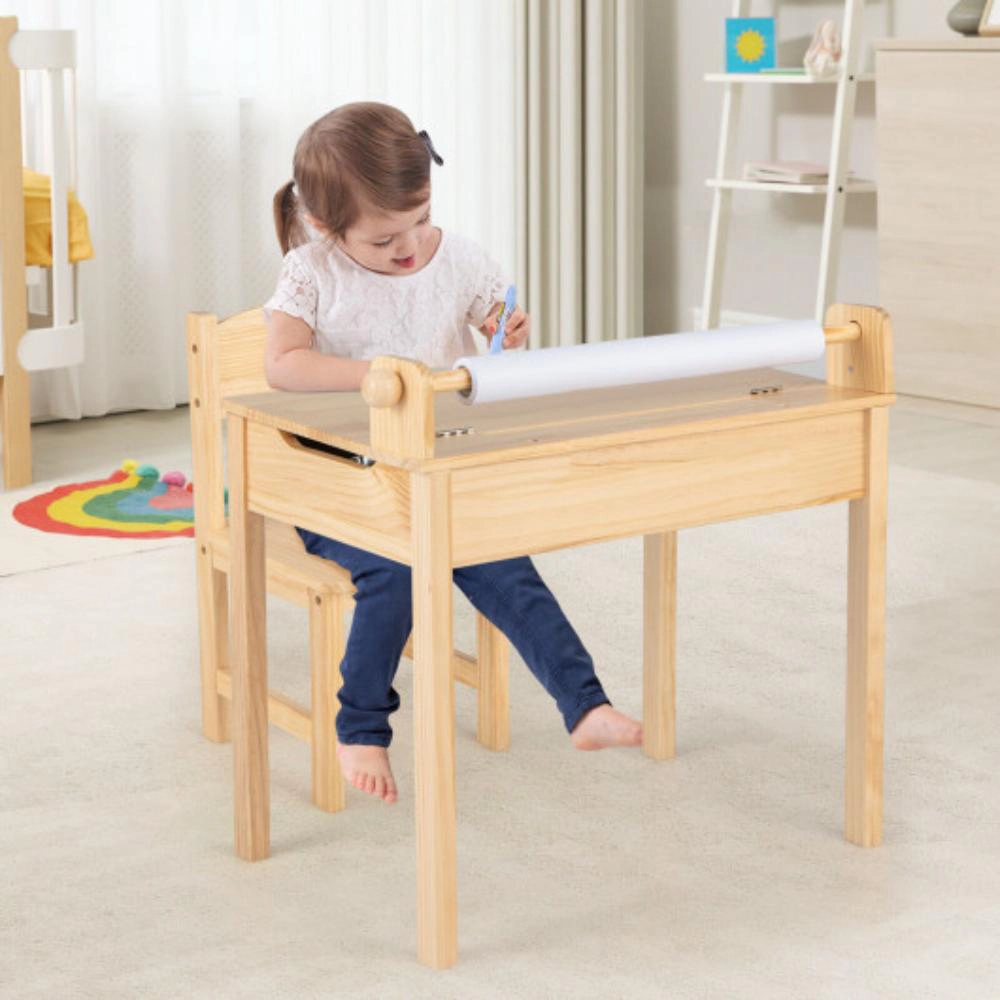 Hivvago Toddler Multifunctional Activity Table And Chair Set With Paper Roll Holder-Natural