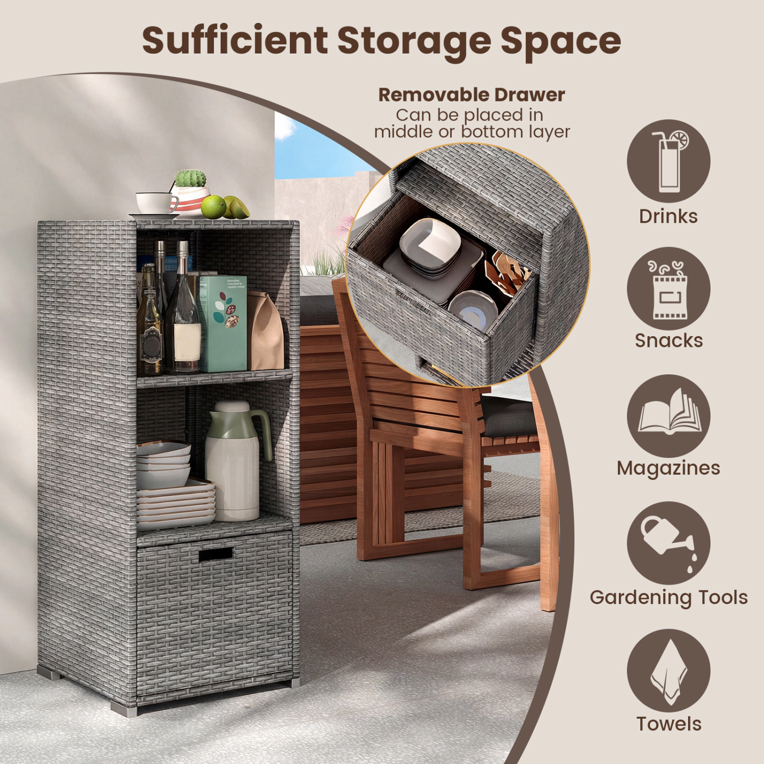 SUGIFT Hand-Woven PE Rattan Outdoor Storage Cabinet Removable Drawer 3 Shelves 43-in Tall 19.5-in Wide 27.5-lb Gray