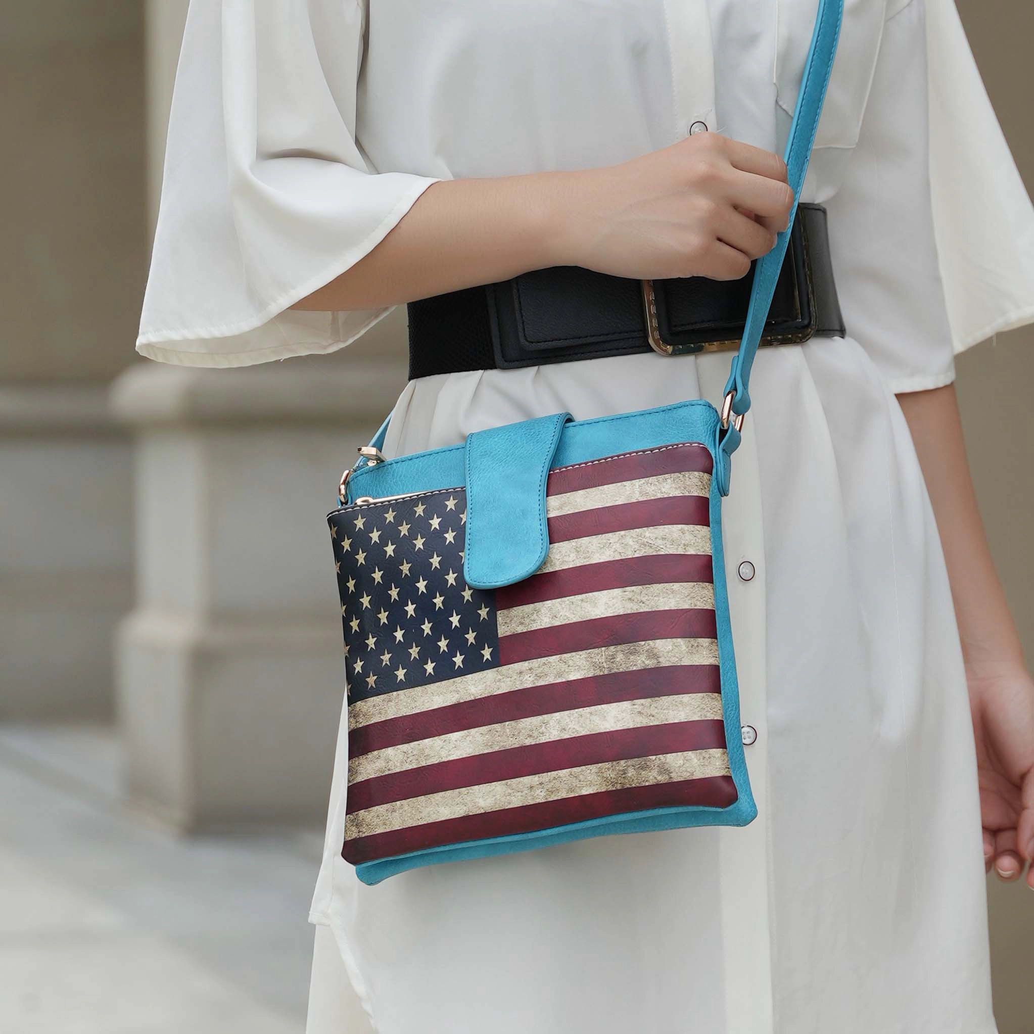 Mia K Collection Josephine Crossbody Bag - Vegan Leather Patriotic Print, Two-Compartment, Adjustable Strap