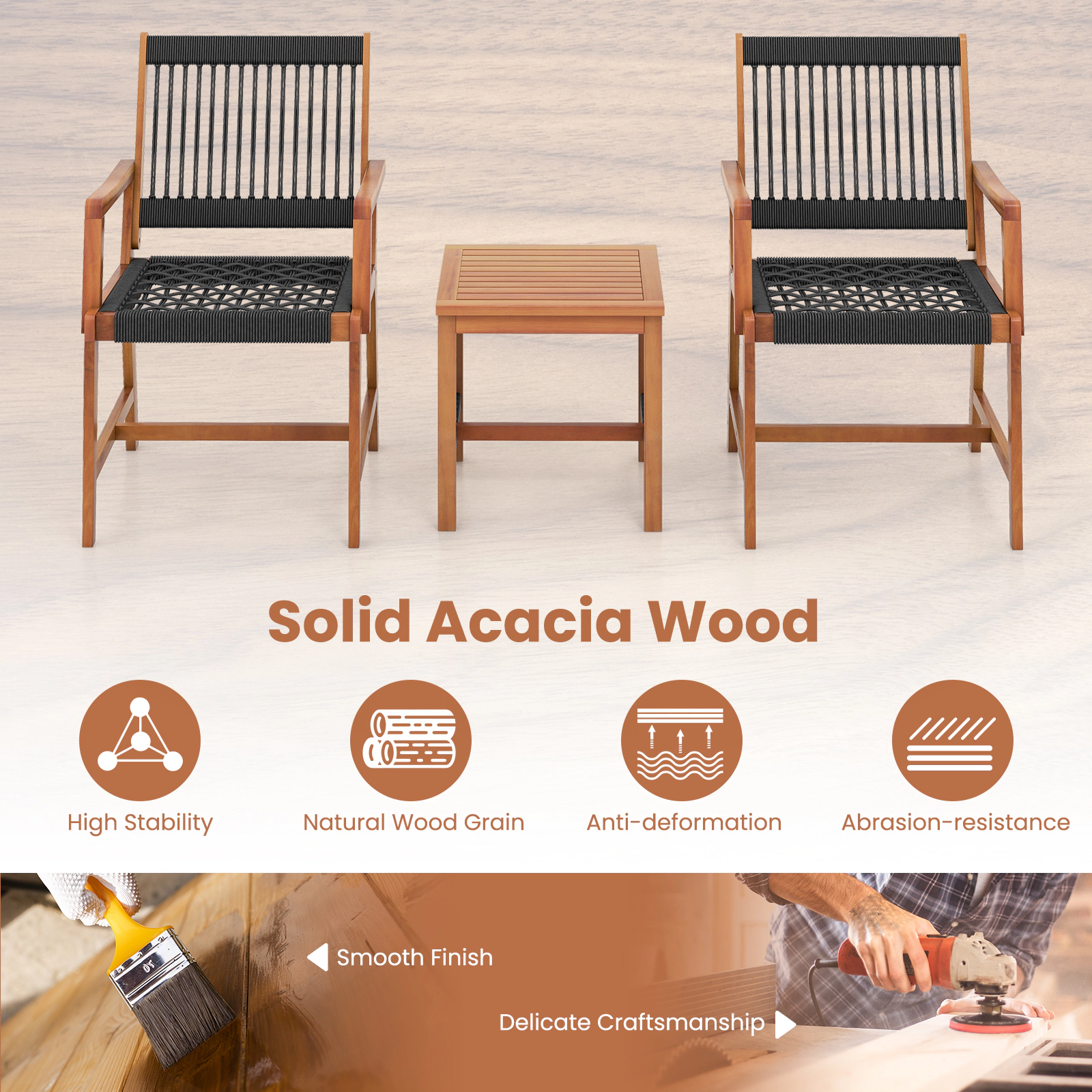 SUGIFT Hand-Woven Black Rope Seat and Back 3-Piece Acacia Wood Patio Armchair Set