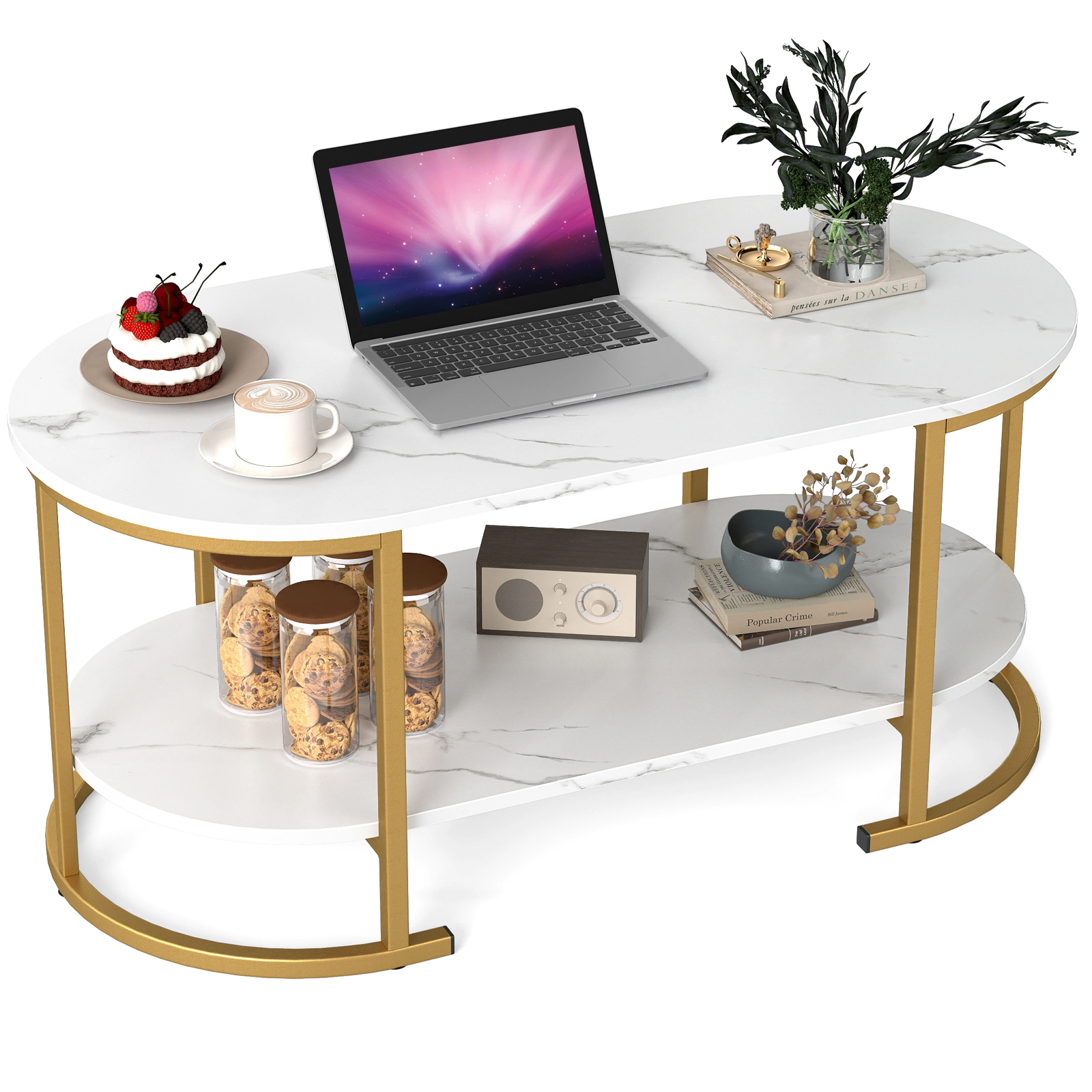 Glintex 2-Tier 39.5-Inch Oval Coffee Table with Metal Frame and Shelf