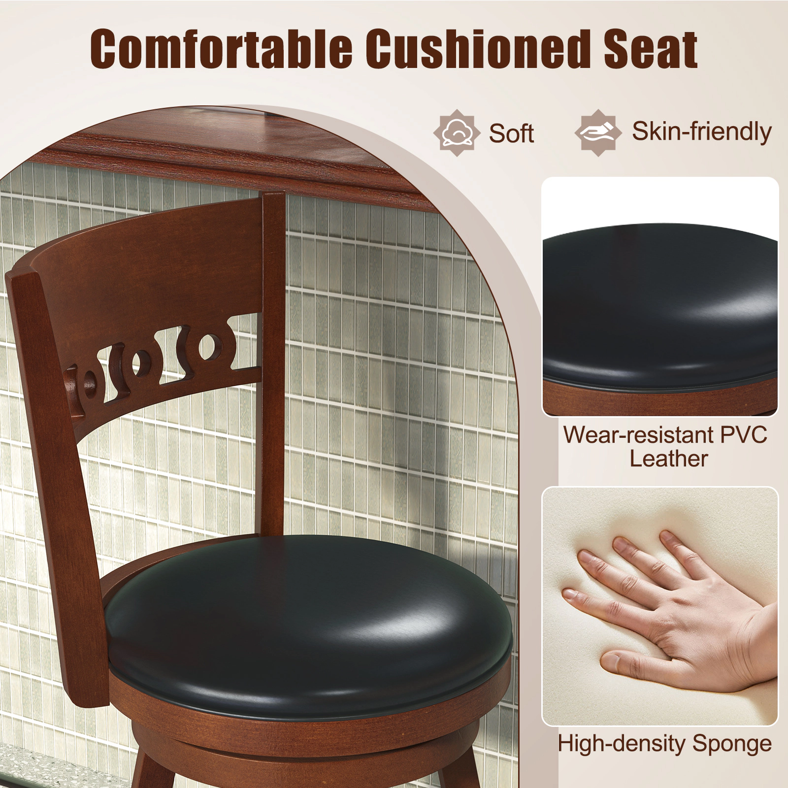 SUGIFT Set of 2 Swivel Rubber Wood Bar Stools 265-Lb Capacity 24.5-in Seat Height Brown & Black