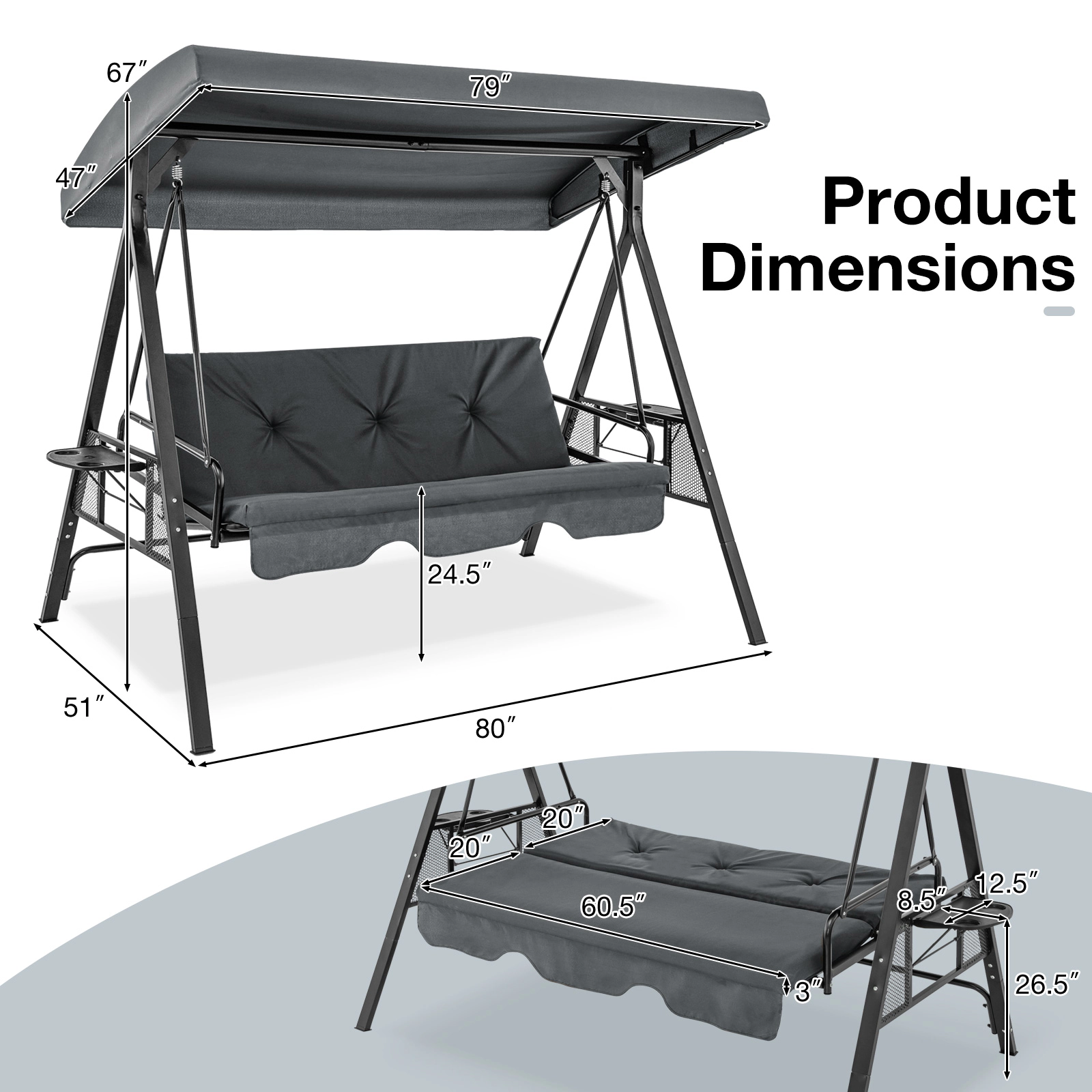 SUGIFT Gray Canopy and Side Table 3-Seat Convertible Porch Swing to Flat Bed