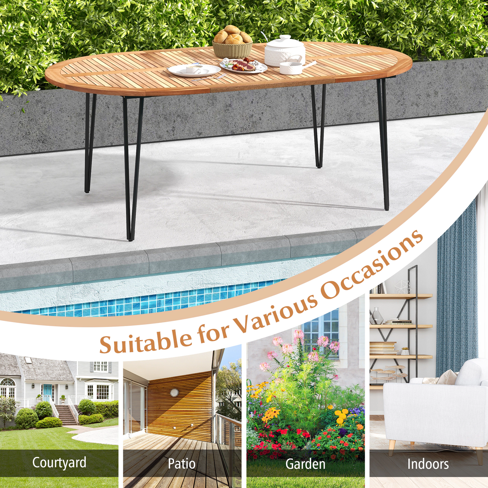 SUGIFT 79-in Oval Acacia Wood Patio Dining Table with Umbrella Hole 330-lb Capacity for 8 People Natural & Black