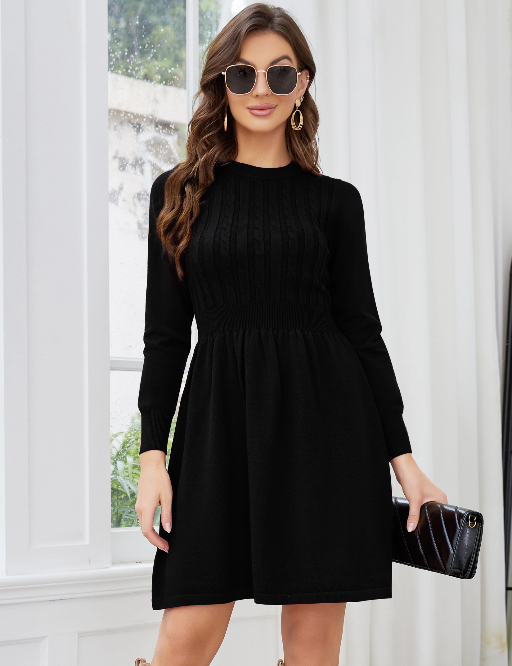 KOJOOIN Women's Knit Sweater Dress Long Sleeve Cinched Waist A‑Line Short Swing Fall Winter