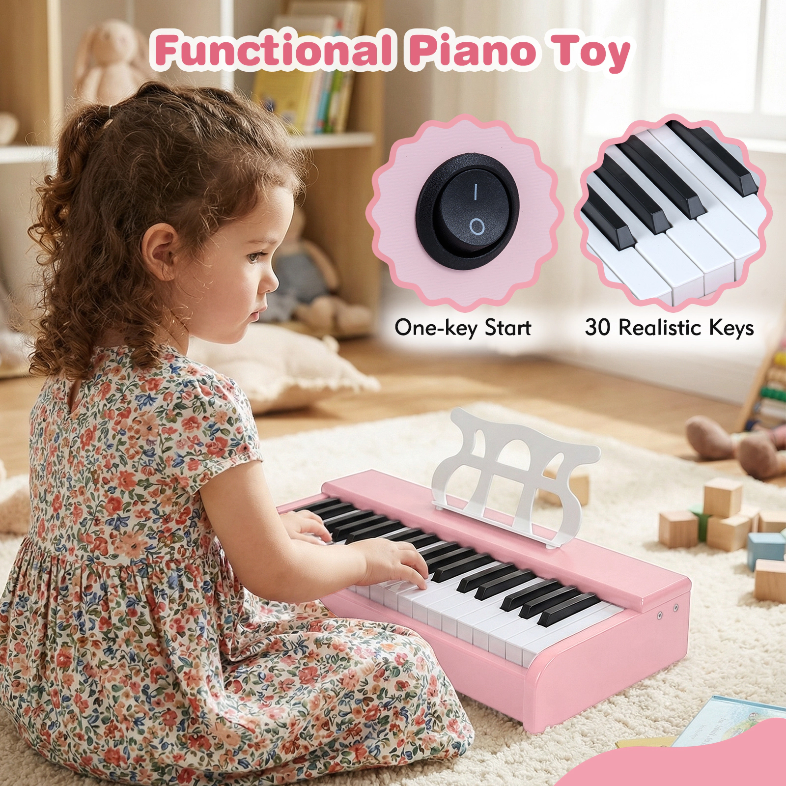 SUGIFT Pink 30-Key Kids Digital Piano Keyboard with Resonance Hole One-Key Start and Music Stand