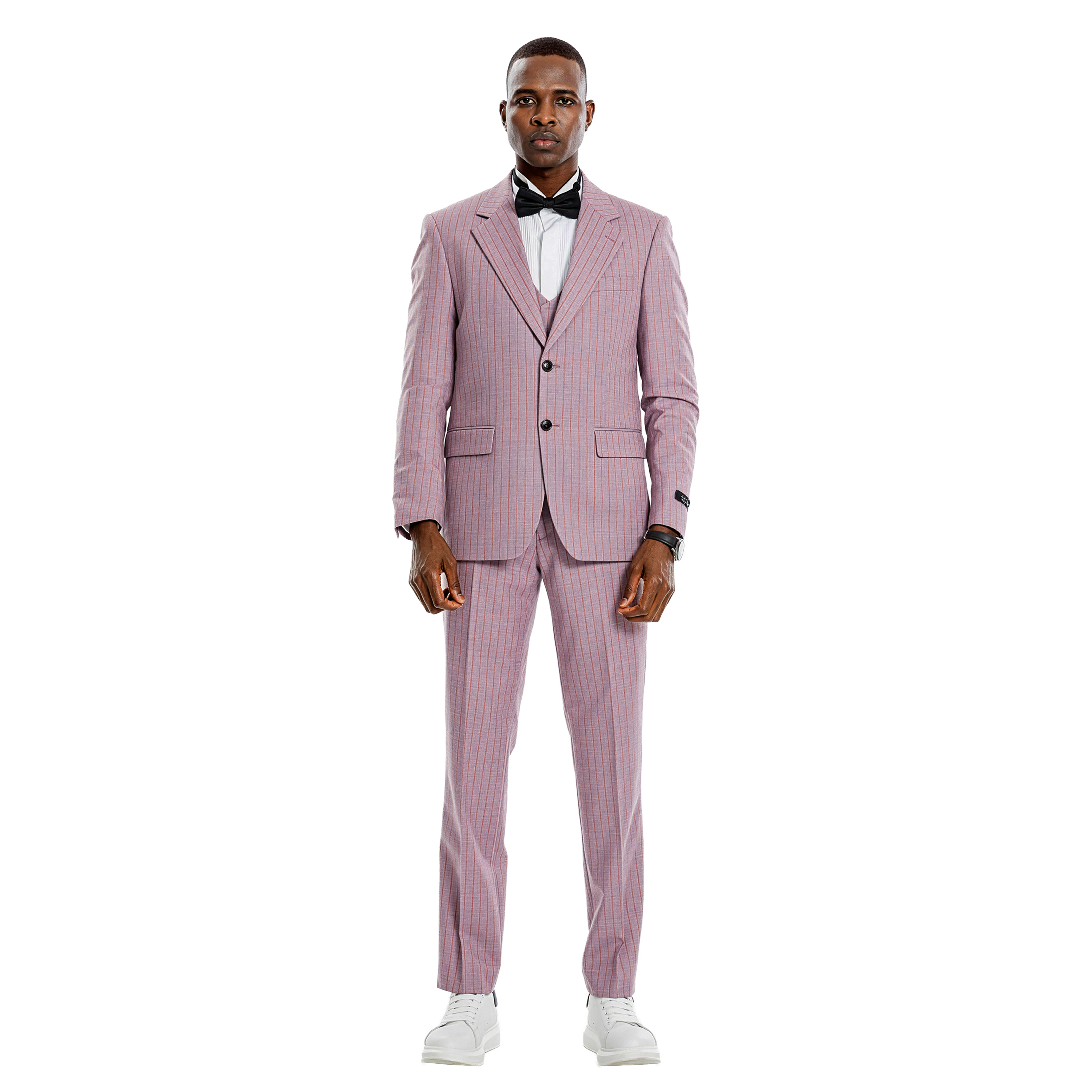 Tazzio Mens Pinstripe 3pc Skinny Fit Suit Set with a Double Breasted Vest