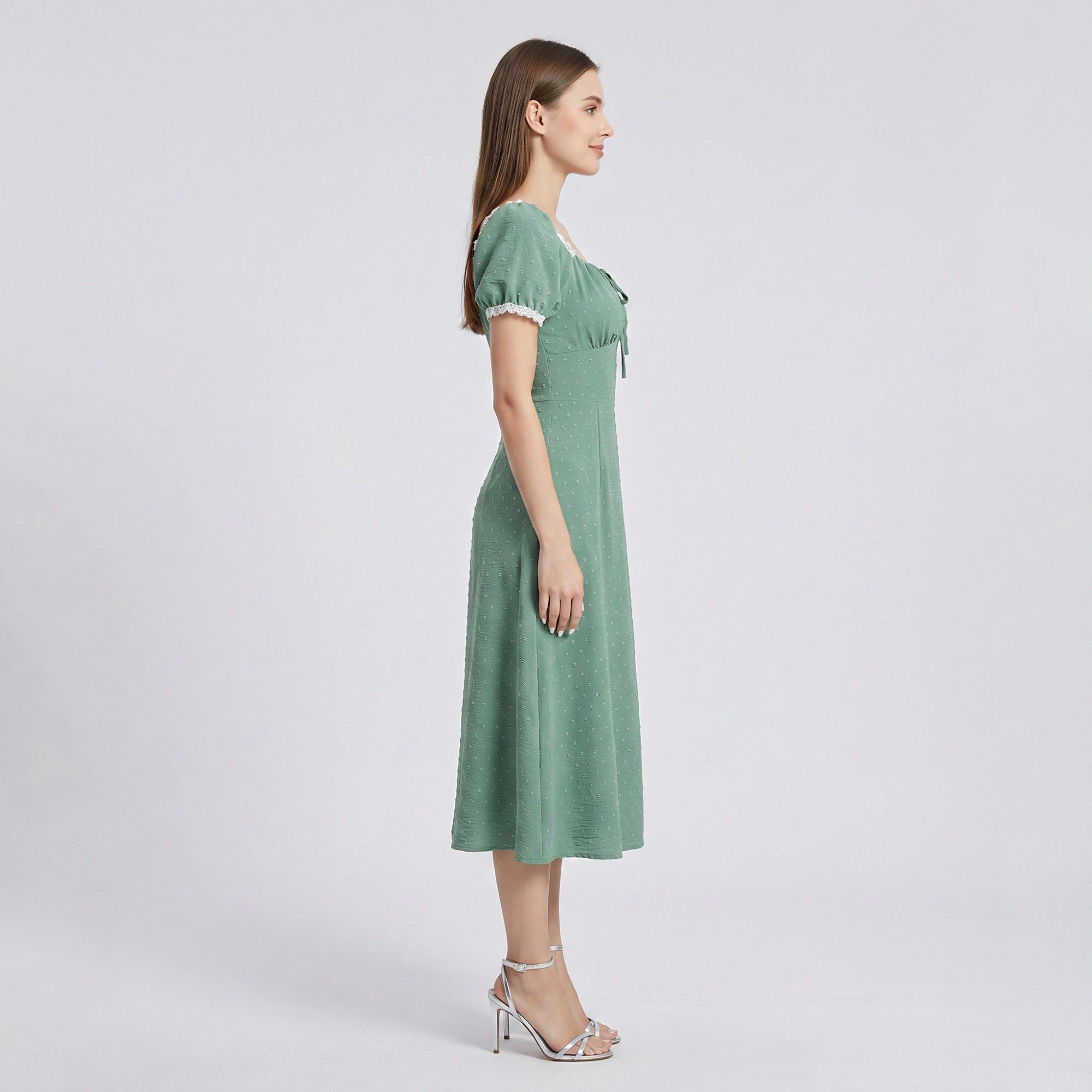 Anna-Kaci Women's Swiss Dot Puff Sleeve Lace Trim Square Neck Tie Front Slit Fitted Midi Dress
