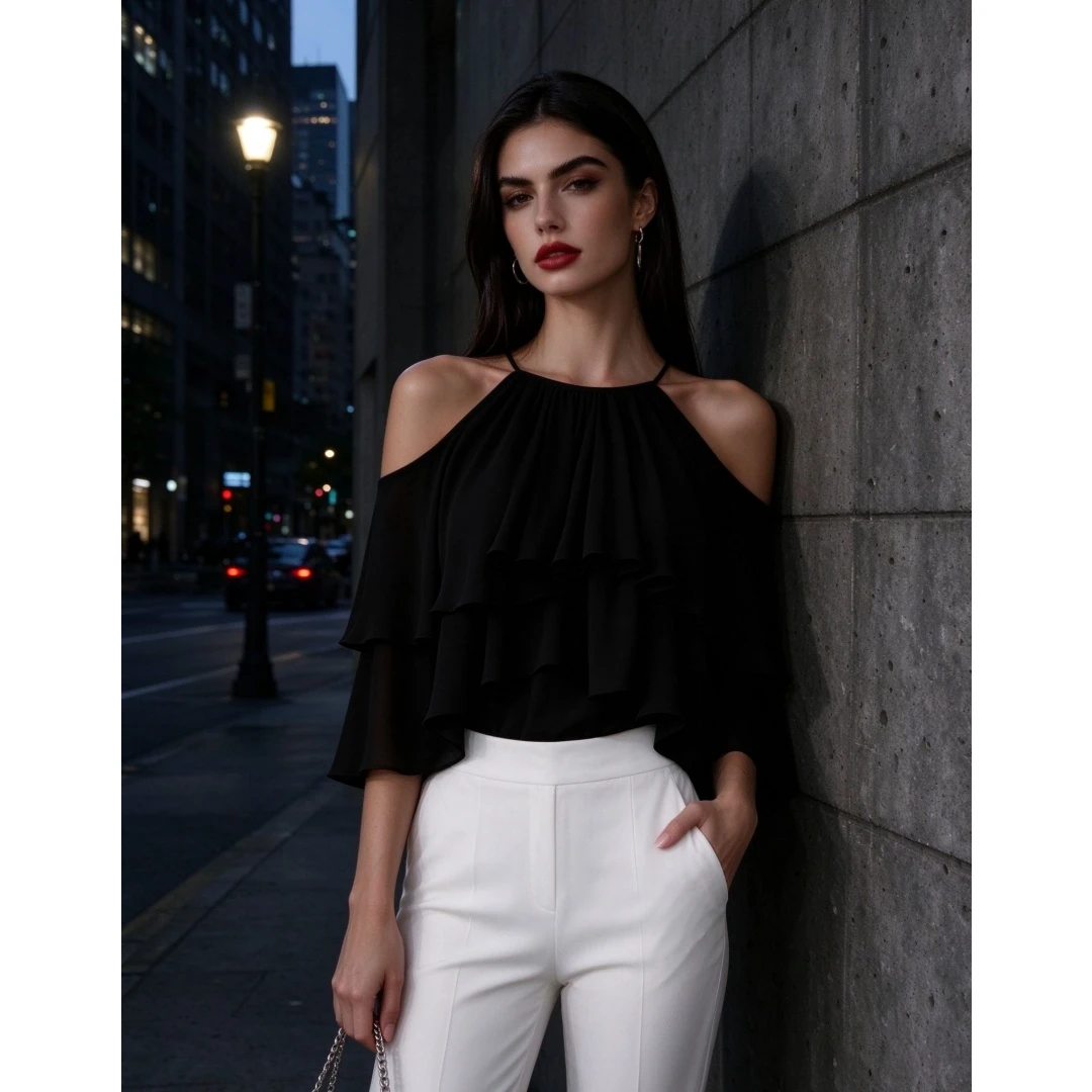 Coolmee Women's Fashion Cold Shoulder Ruffle Short Sleeve Chiffon Blouse Top All Season