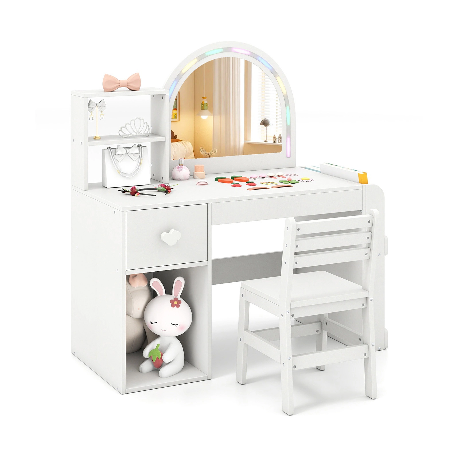 SUGIFT Kids Vanity Table and Chair Set with Lighted Mirror 110-lb Tabletop and 165-lb Chair Capacity Ages 3+ White