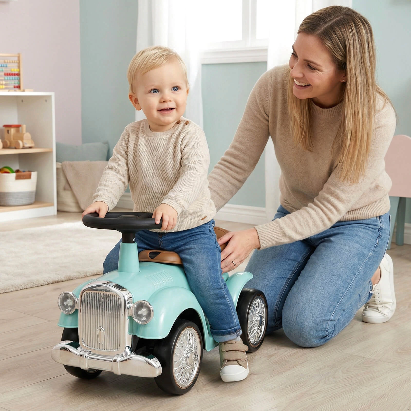 Costway Retro Kids Ride-on Toy Sit to Stand Vehicle with Working Steering Wheel Pink