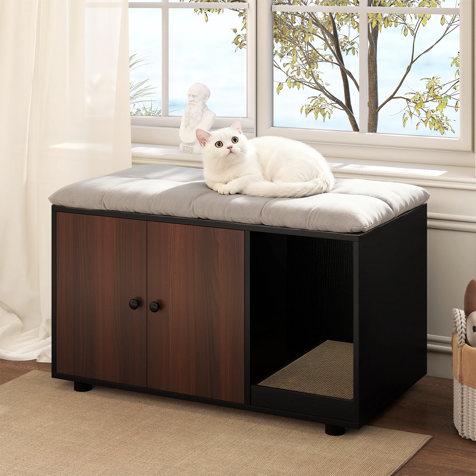 SUGIFT Black Cat Litter Box Furniture with Scratching Board 35.5-in W 20-in D 20-in H 88-lb Tabletop Capacity