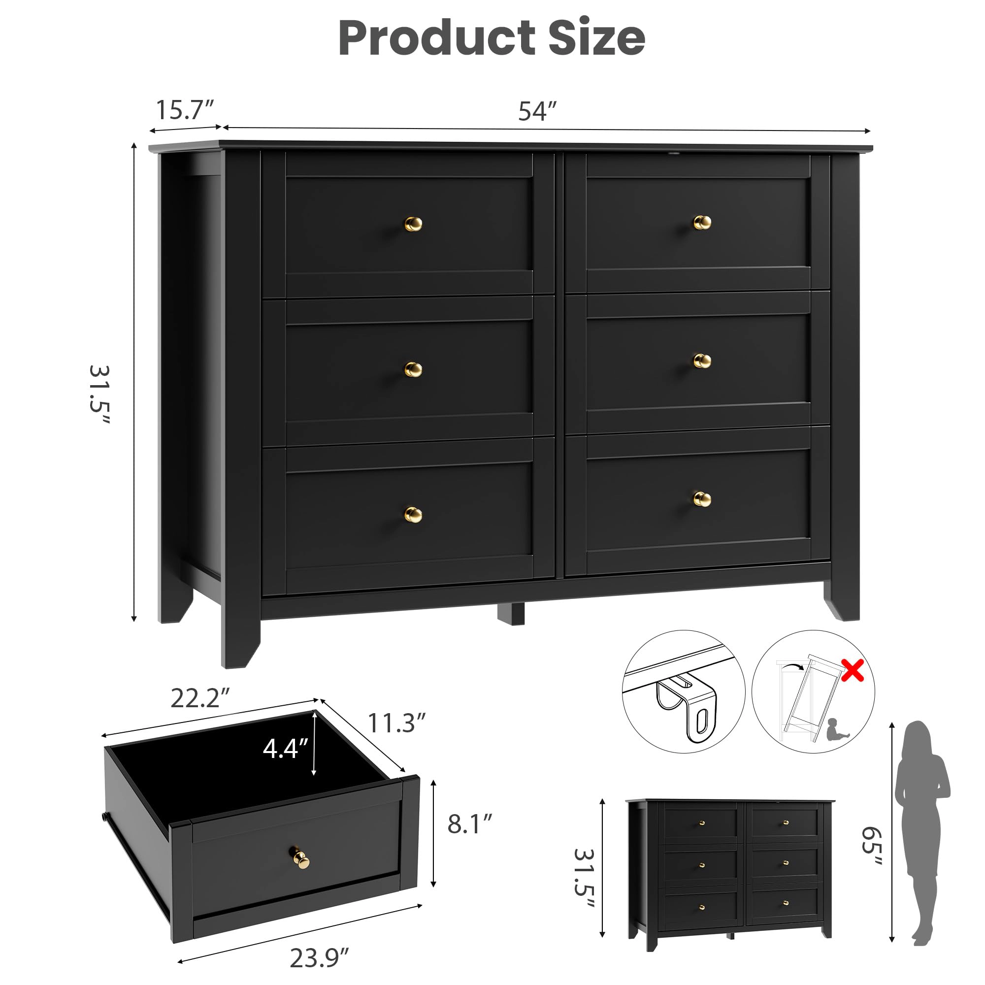 6 Drawer Dresser with Metal Knobs,  54" Wide Wooden Double Storage Chest for Bedroom Entryway Hallway