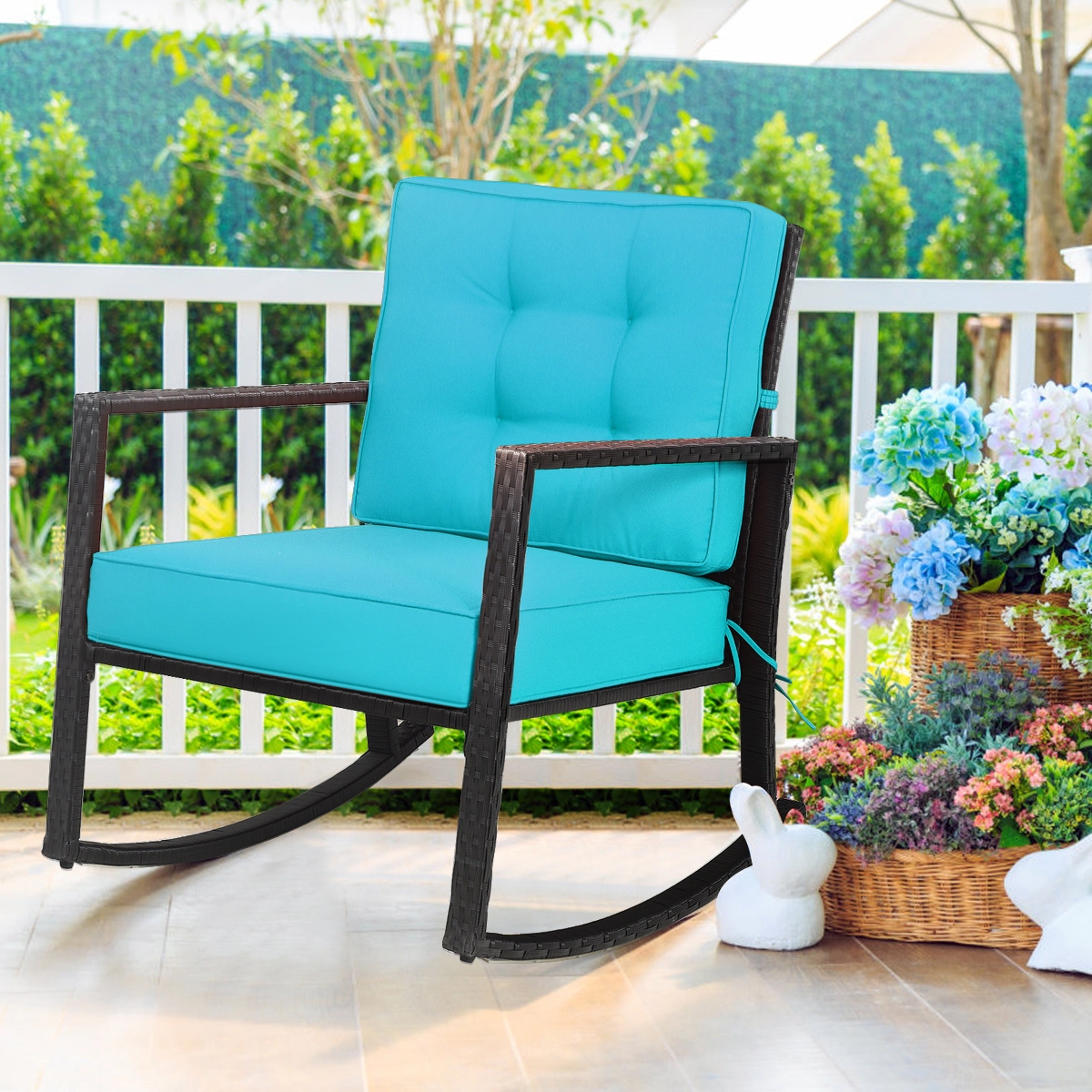 SUGIFT Turquoise Rattan Outdoor Rocking Chair, 360 lb Capacity, Iron Frame, 5 in Seat Cushion