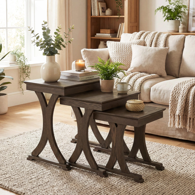 Hivvago 3 Pieces Nesting Coffee Table Side Table With Solid Rubber Wood Legs