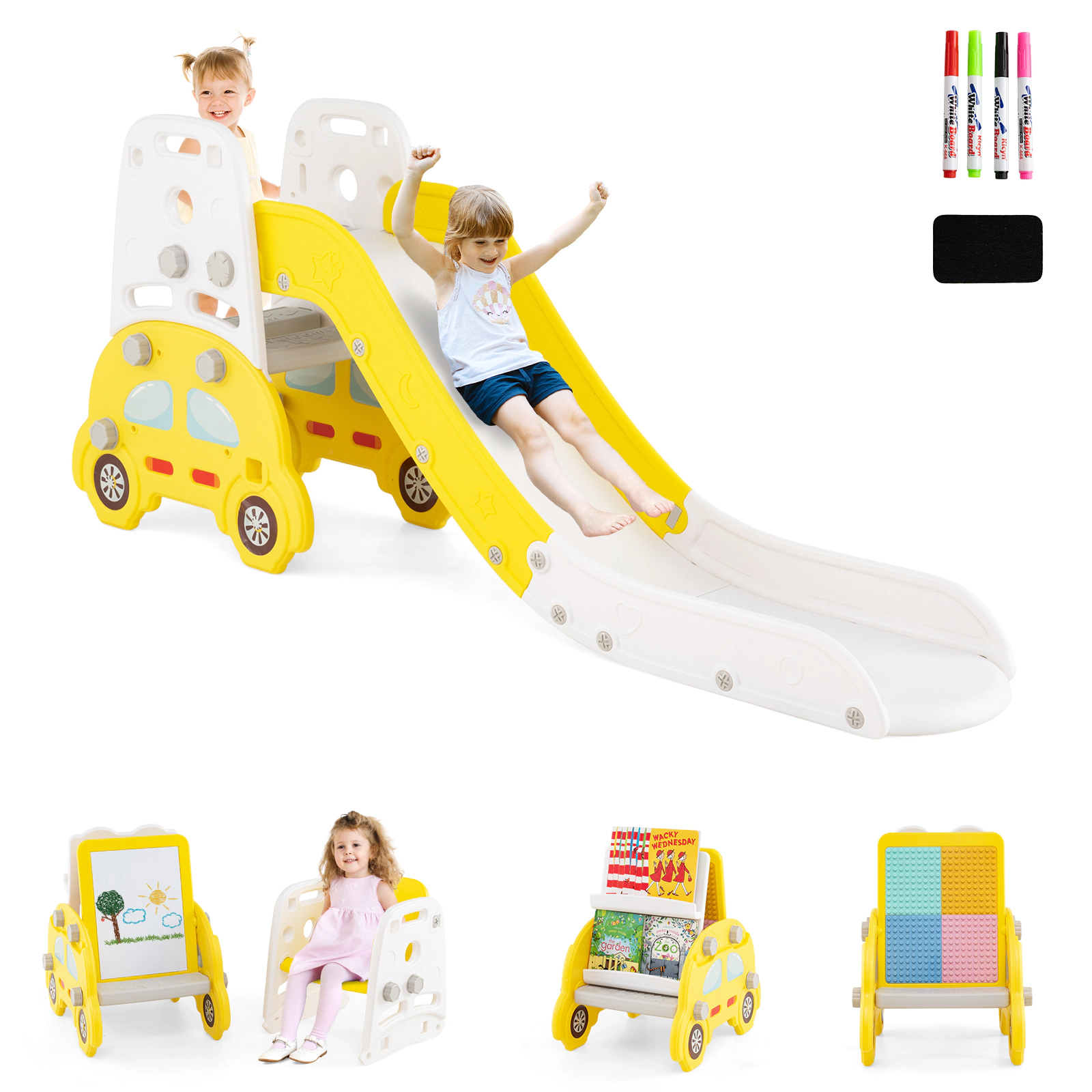 SUGIFT Yellow Art Easel Stool and Book Rack 5-in-1 Convertible Toddler Slide Set