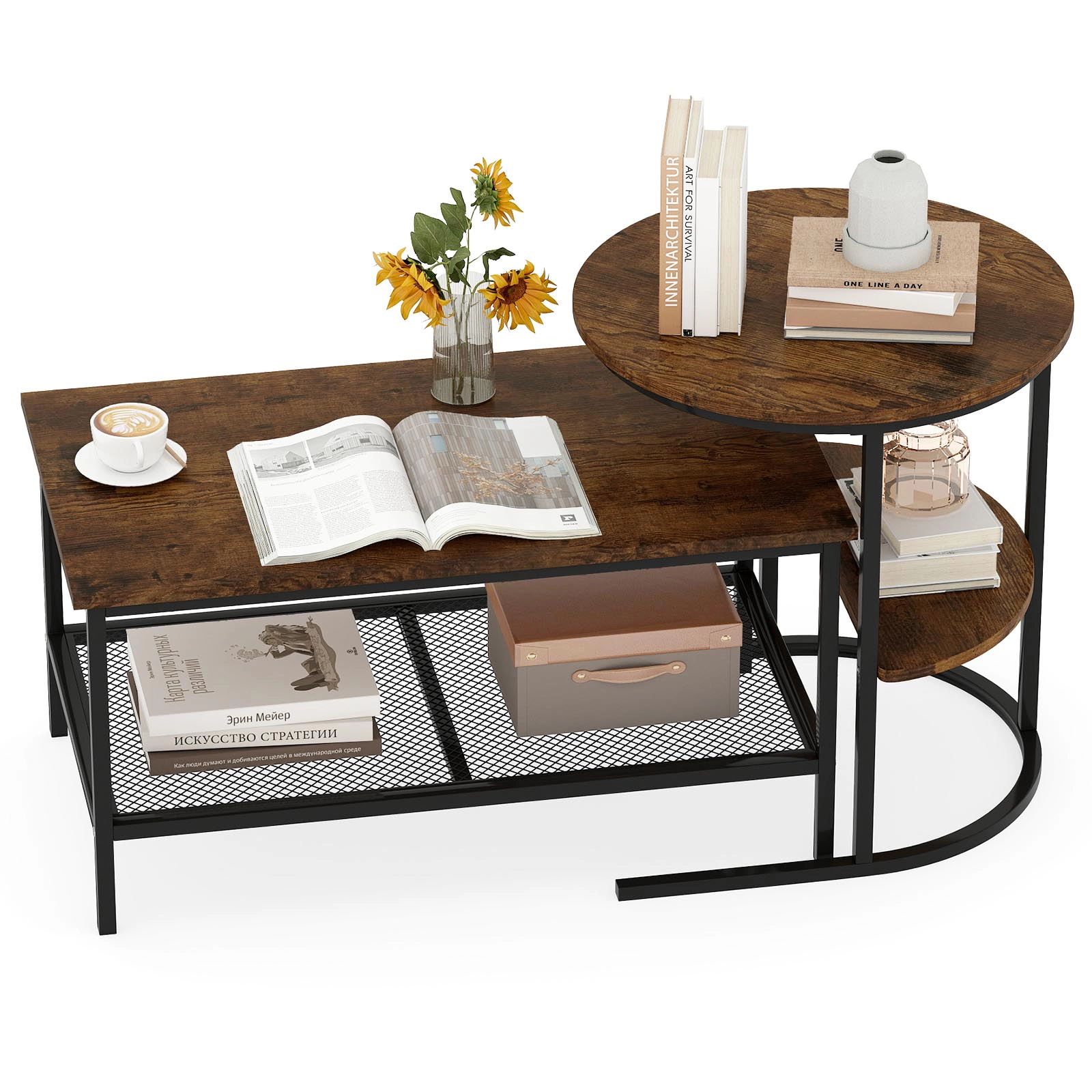 Glintex 2-Piece Coffee Table and End Set with Mesh Curved Shelves