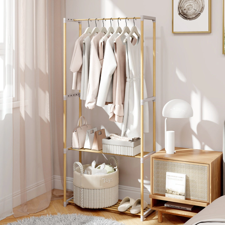 Hivvago Pine Wood Clothes Rack with 2-Tier Open Storage Shelf for Hanging Clothes