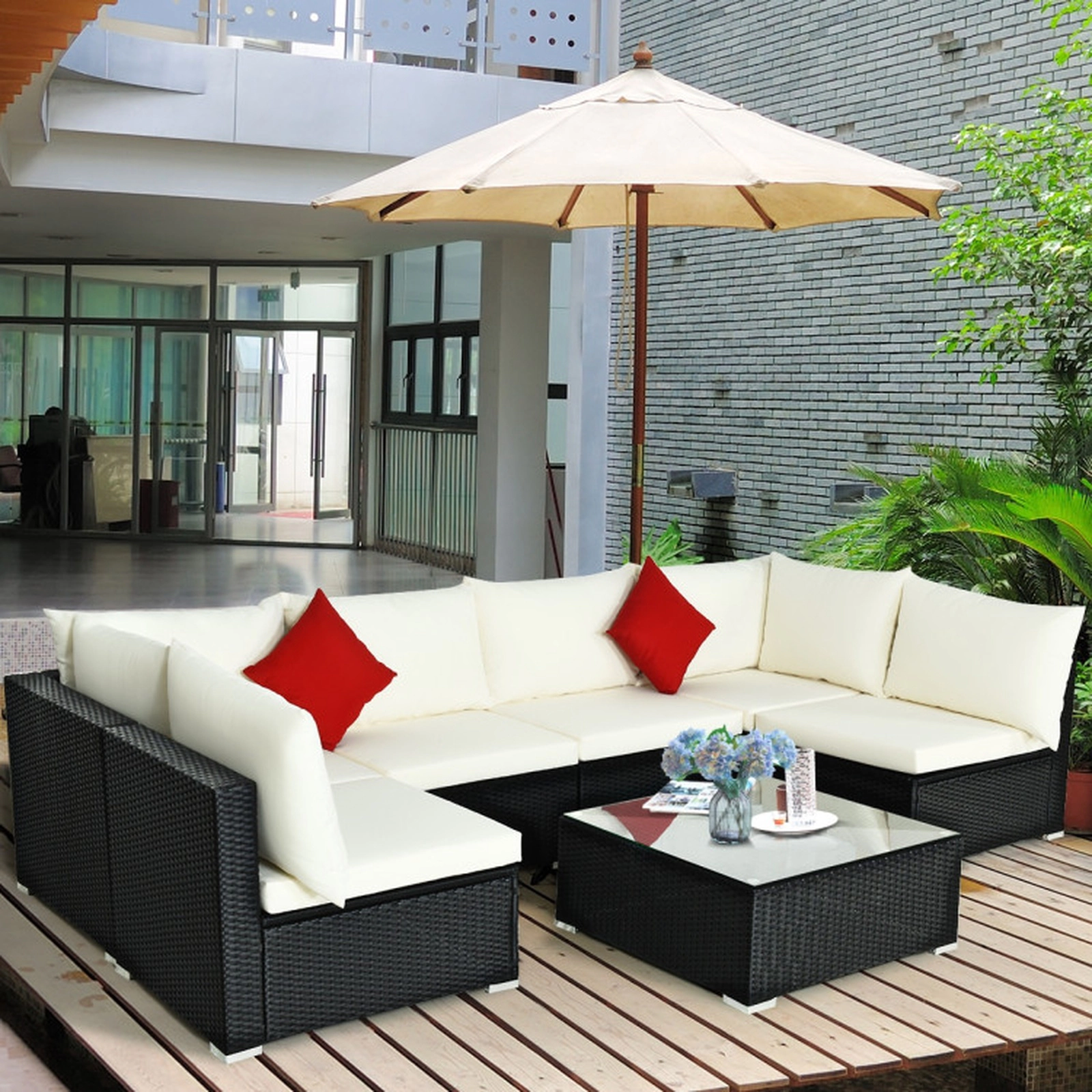SUGIFT 7-Piece Beige PE Wicker Patio Sectional Sofa Set with Tempered Glass Table