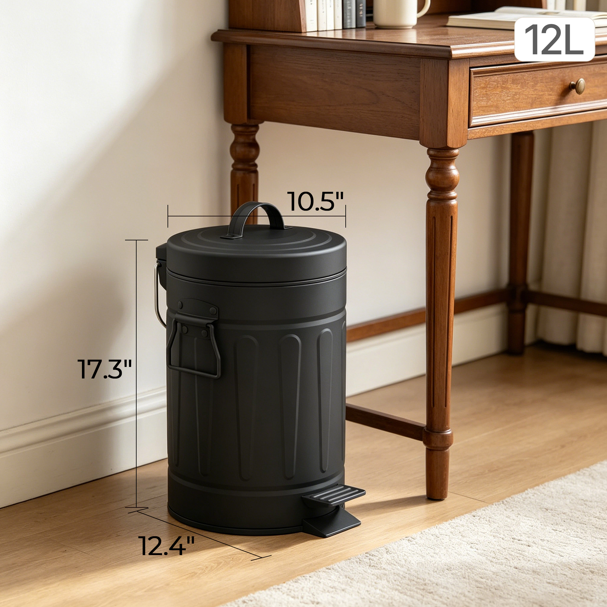 Innovaze 3.2 Gal./12 Liter and 0.8 Gal./3 Liter Old Time Style Round Black Color Metal Step-on Trash Can Set