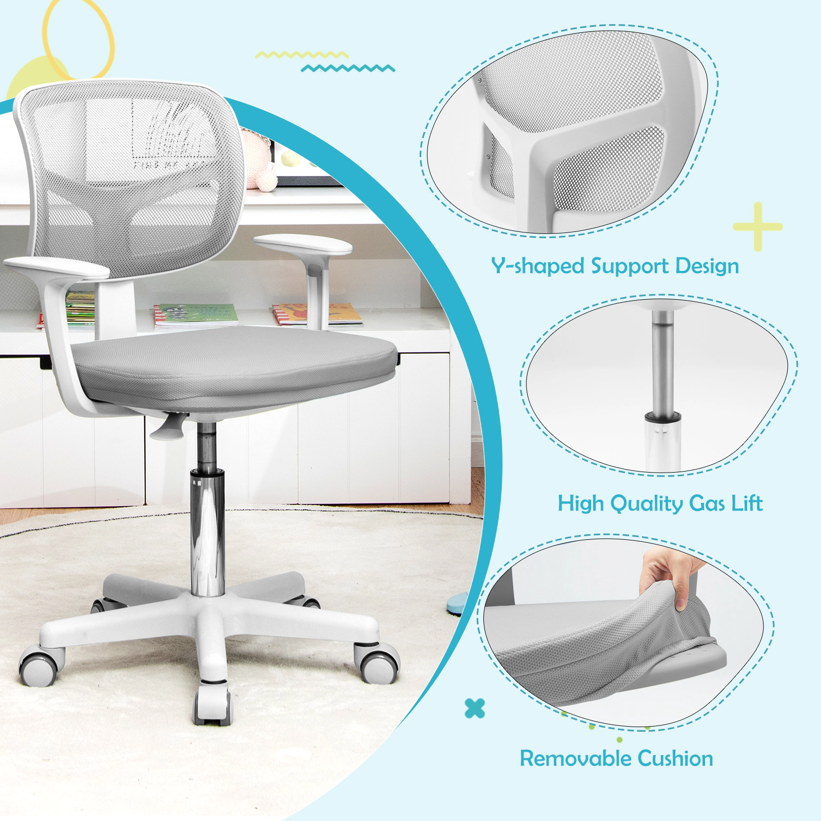 SUGIFT Ergonomic Adjustable Desk Chair Armrests & 5 Rolling Casters 330-lb Capacity for Kids Blue Pink Turquoise Purple
