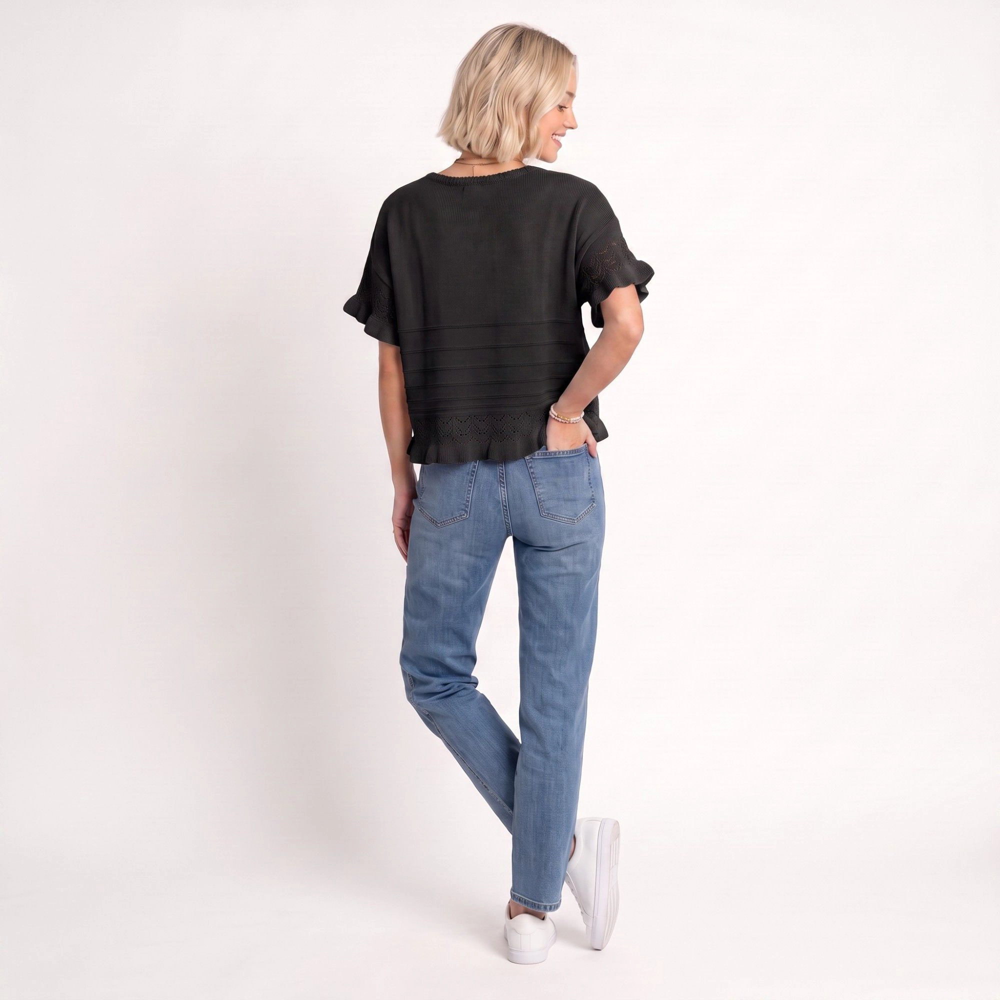 Anna-Kaci Women's Textured Knit Lace Ruffle Hem Short Sleeve Sweater Blouse