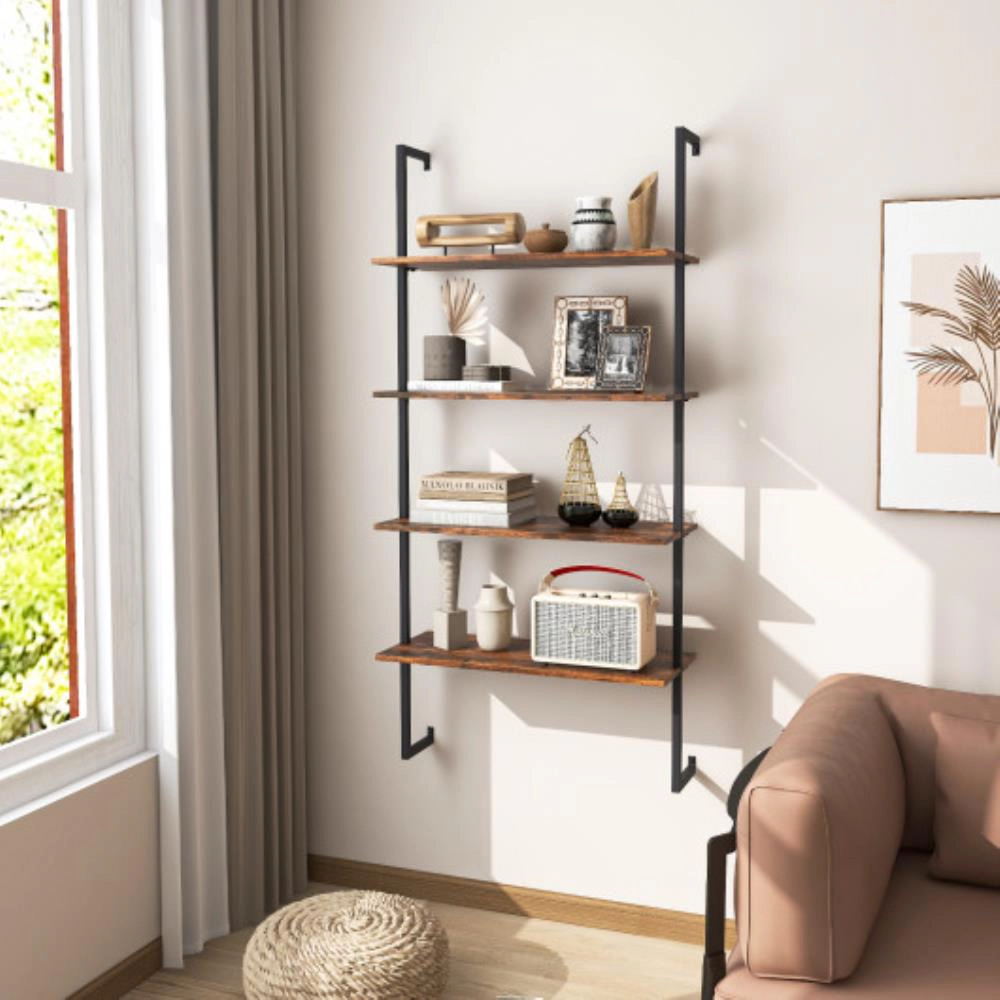 Hivvago 4-Tier Industrial Ladder Bookshelf with Metal Frame-Coffee