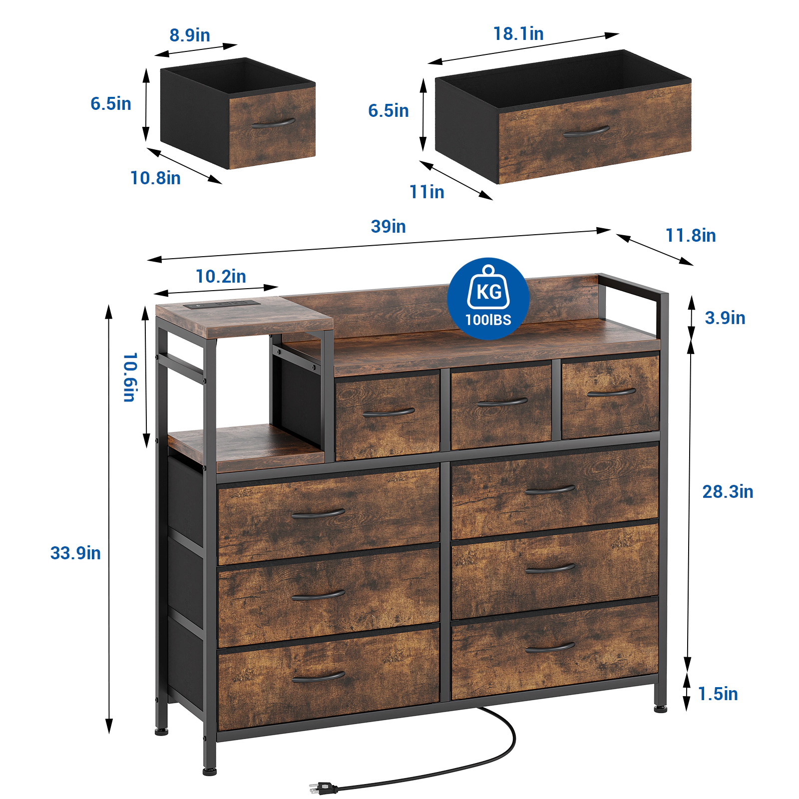 BebreezChic 9 Drawer Dresser with Charging Station and Wooden Top Metal Frame TV Stand