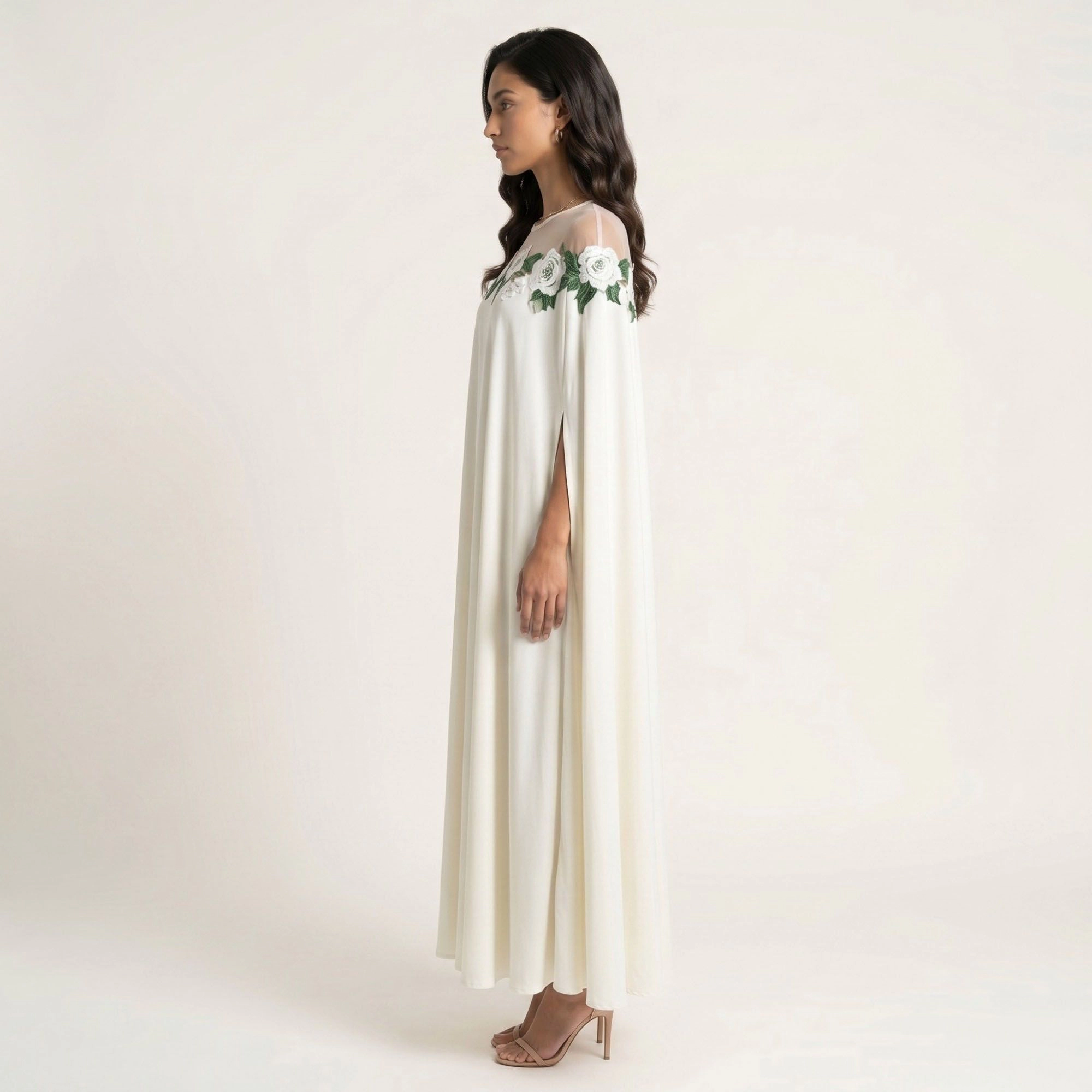 Anna-Kaci Women's Floral Embroidered Cape Sheer Neckline Maxi Dress
