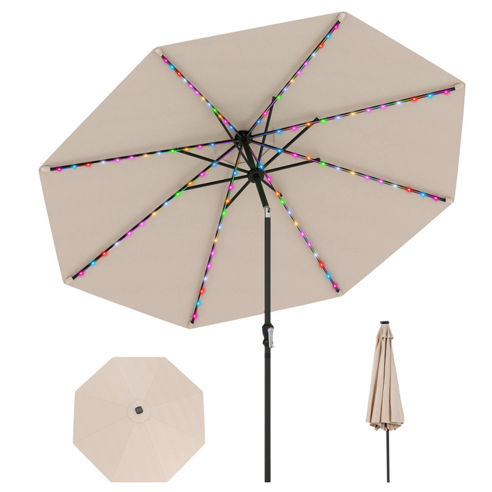 SUGIFT 10-ft Beige Solar LED Patio Umbrella with 96 Bulbs, 9 Modes and Vented Top