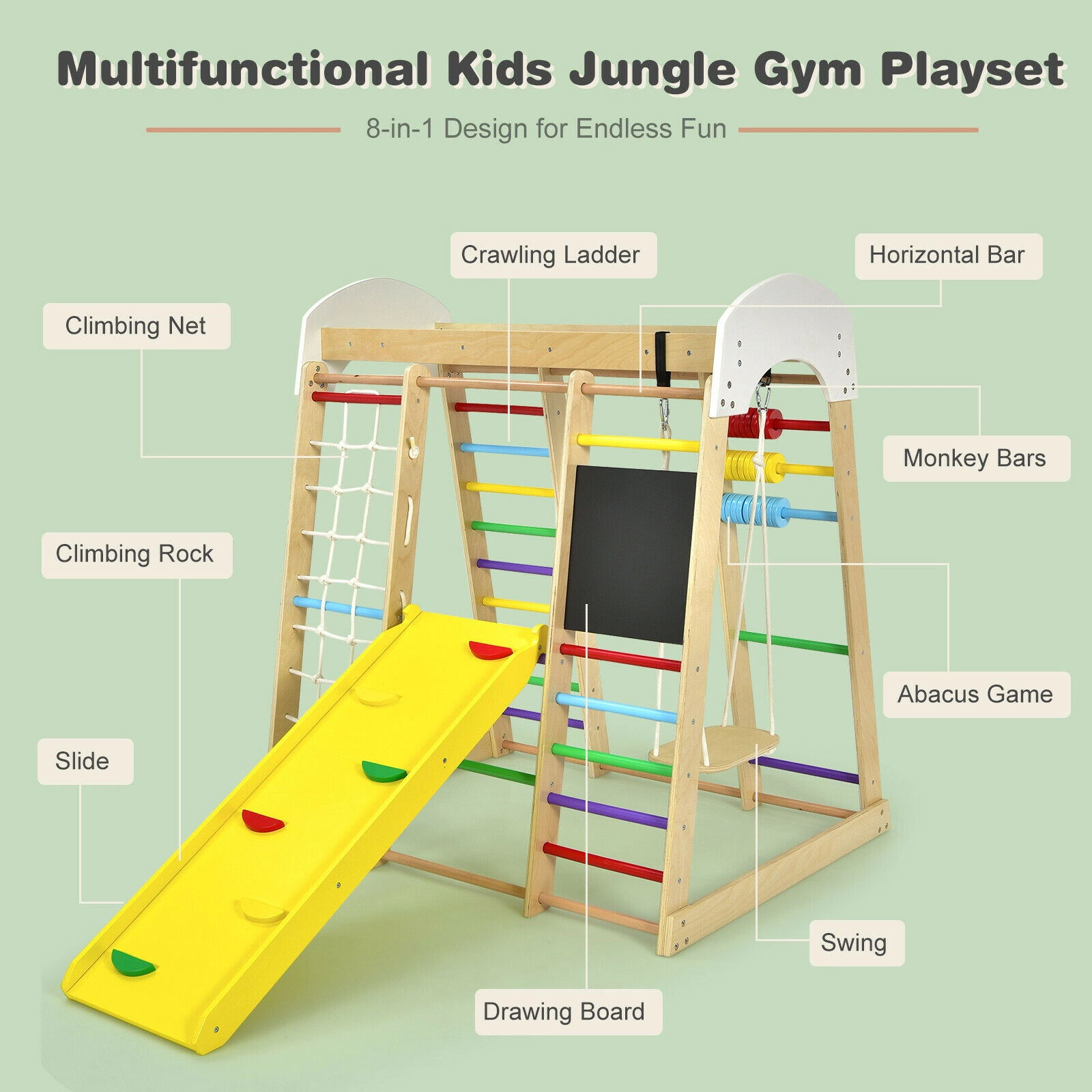 8-in-1 Wooden Indoor Climbing Gym Playset 54.5-in Tall Reversible Slide Odorless Finish 110-lb Per Part Ages 3+