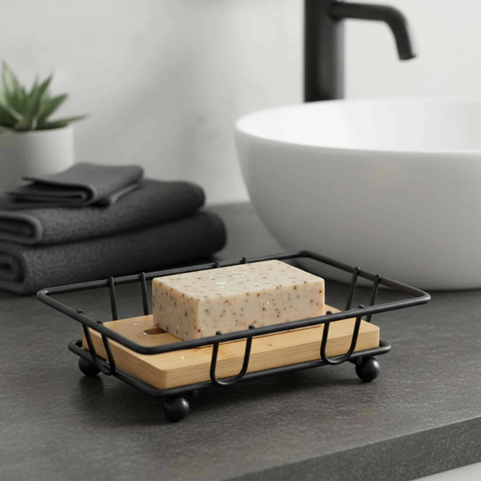 Evideco French Home Goods Bamboo Soap Dish with Removable Black Wire Cradle