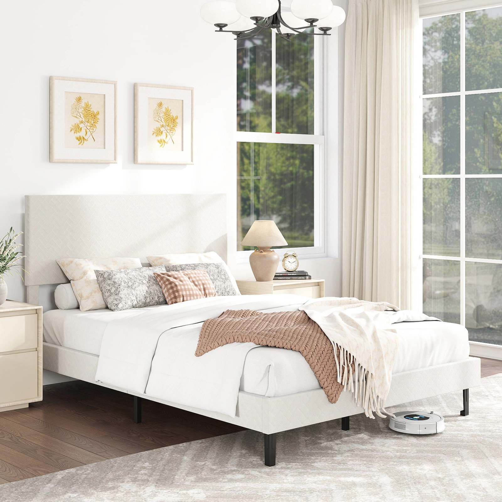 SUGIFT Velvet Upholstered Full Platform Bed Frame with Adjustable Chevron Headboard 800-lb Capacity 77.5-in Frame Beige