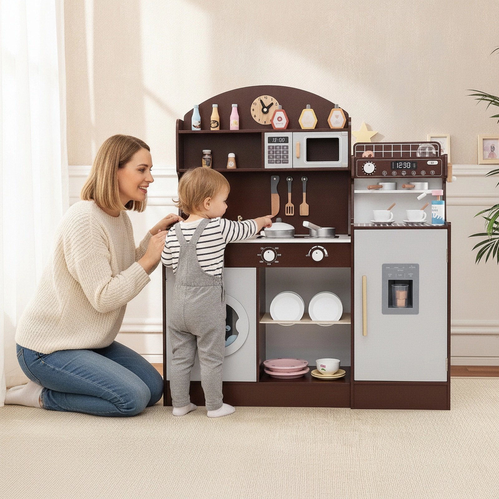 Kids Wooden Kitchen Set Coffee Maker Ice Maker 27-pc Accessories Dual Counters 42-in x 12-in x 41-in White